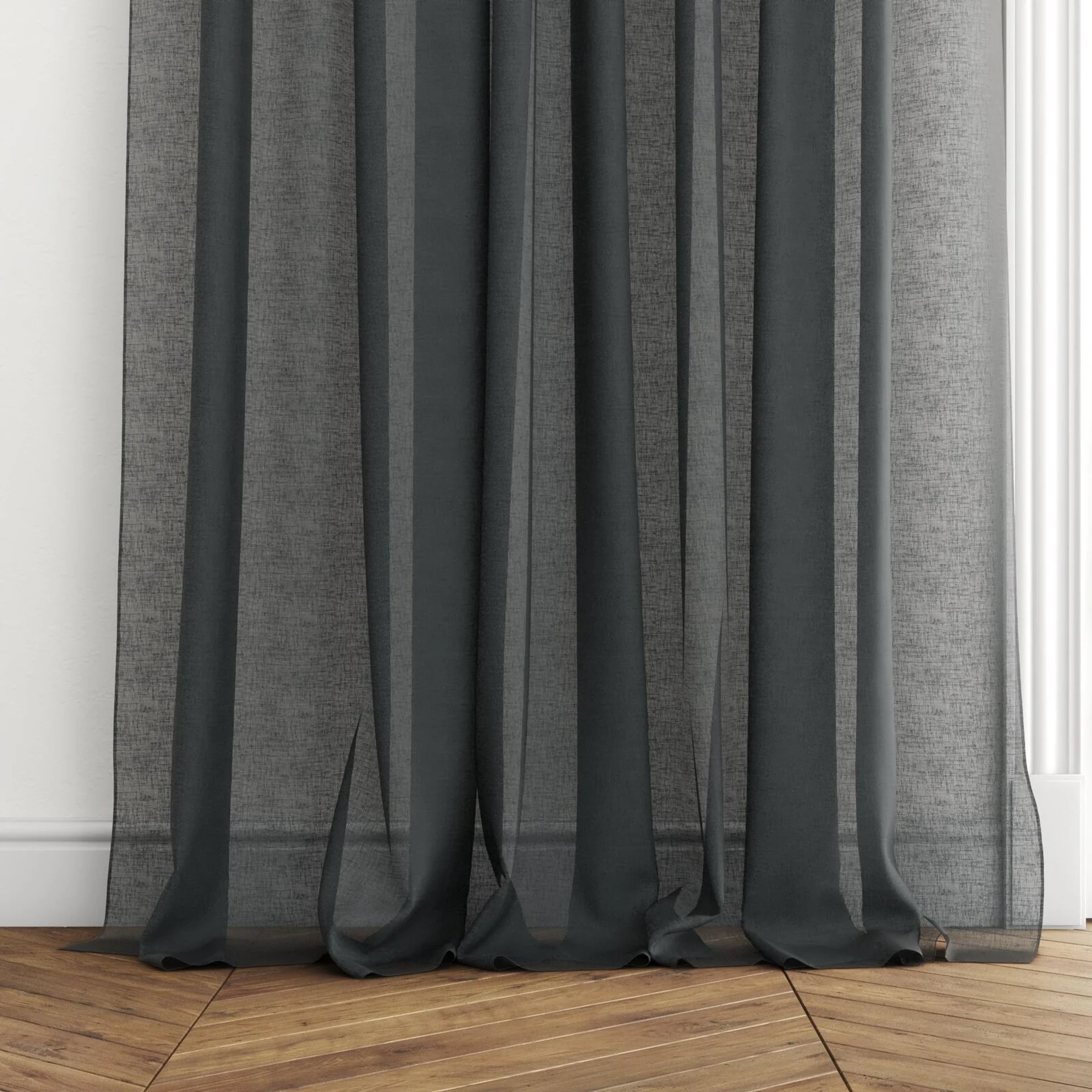 Bottom view of Elevate Slate, puddled with pinch pleat, on curtain rod