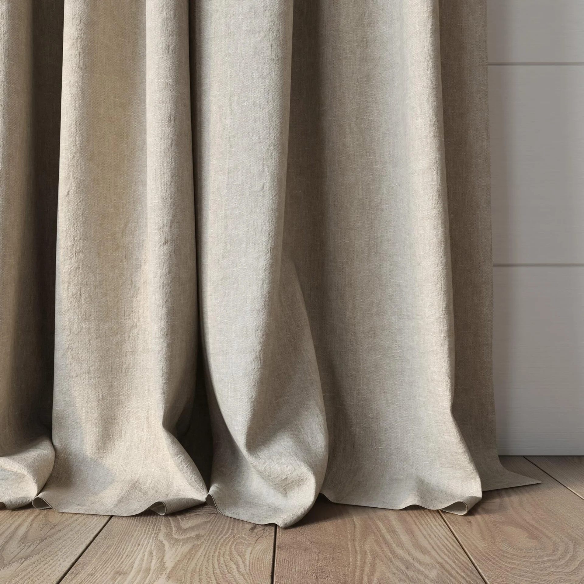 Bottom view of Obi Stonewash Linen, puddled, on curtain rod