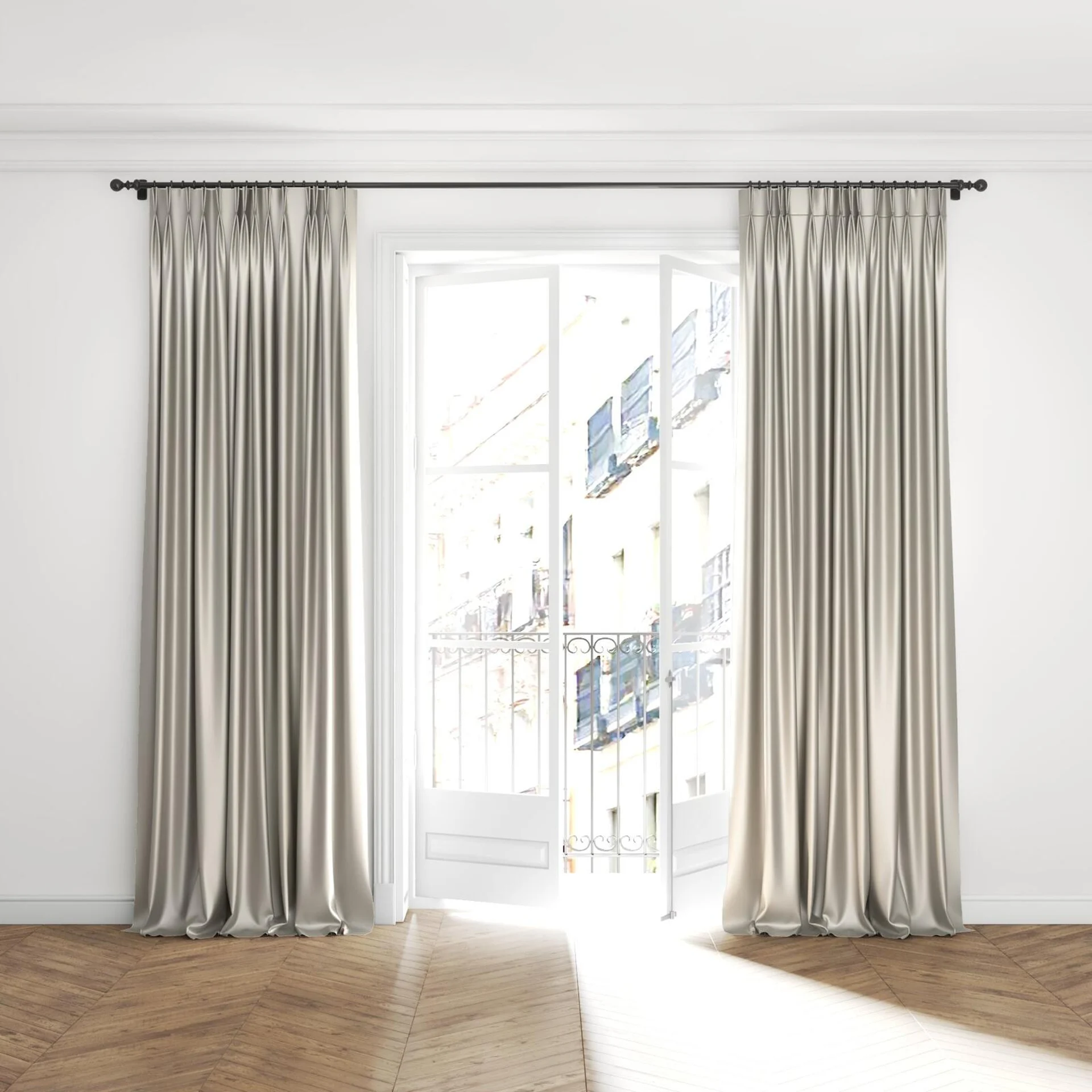 Full view of North Face Dove, puddled with pinch pleat, on curtain rod