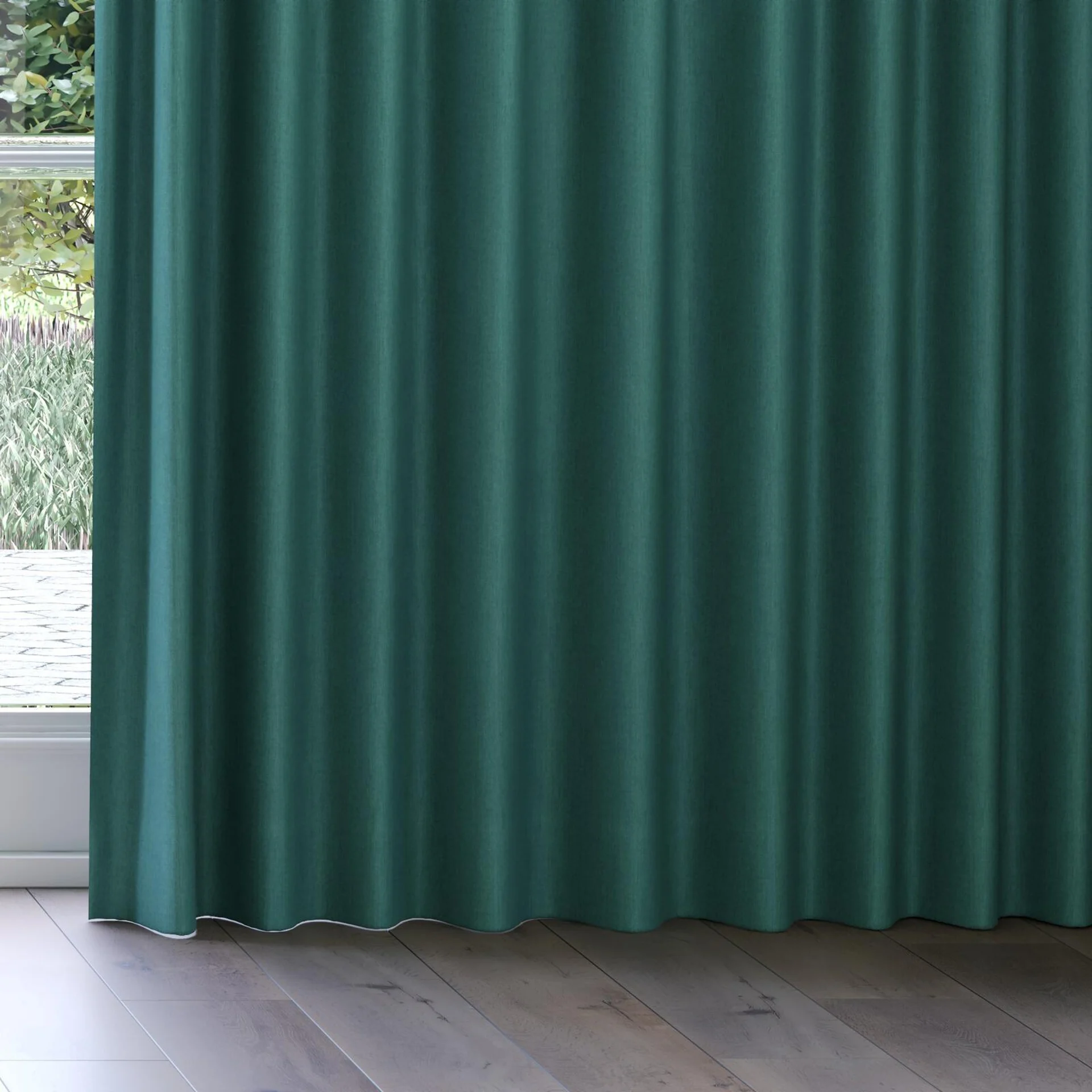 Bottom view of Cushy Emerald, on curtain rail