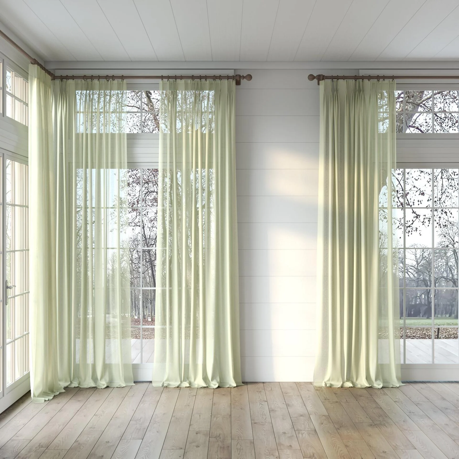 Full view of Alcova Pistachio, puddled, on curtain rod