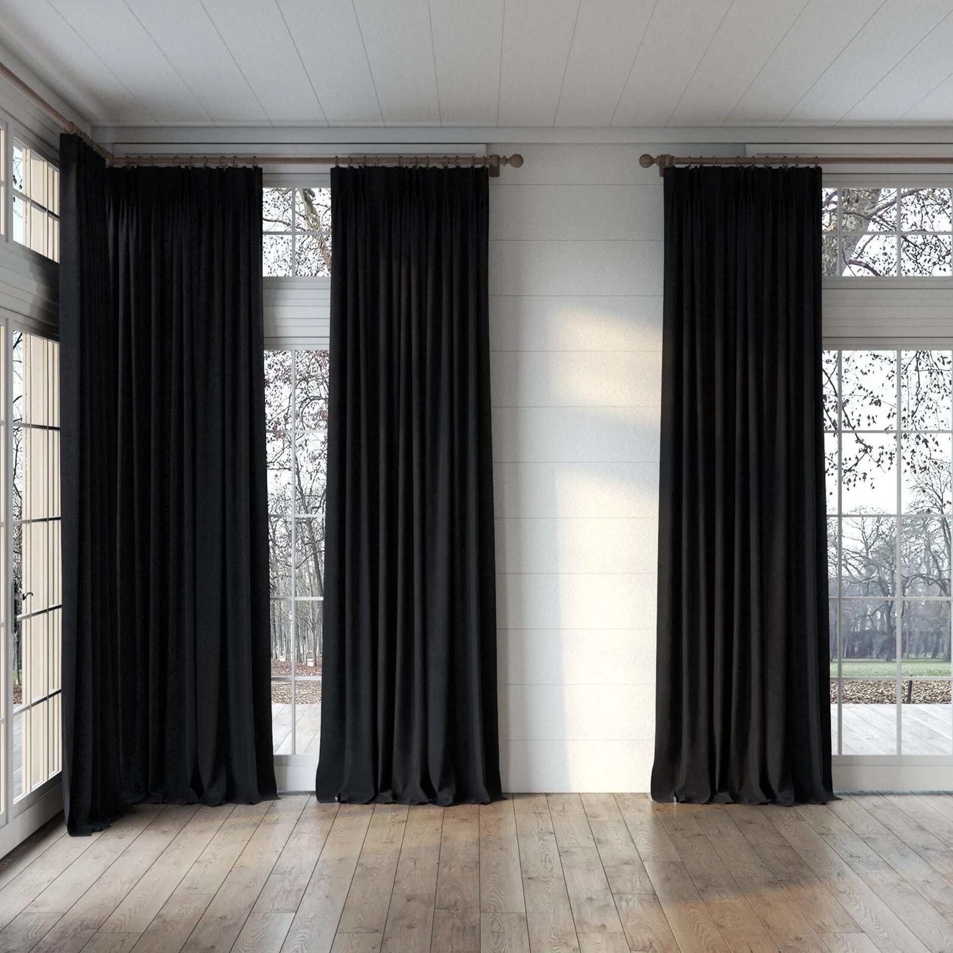 Full view of Lux Velvet Ebony 8702, puddled, on curtain rod