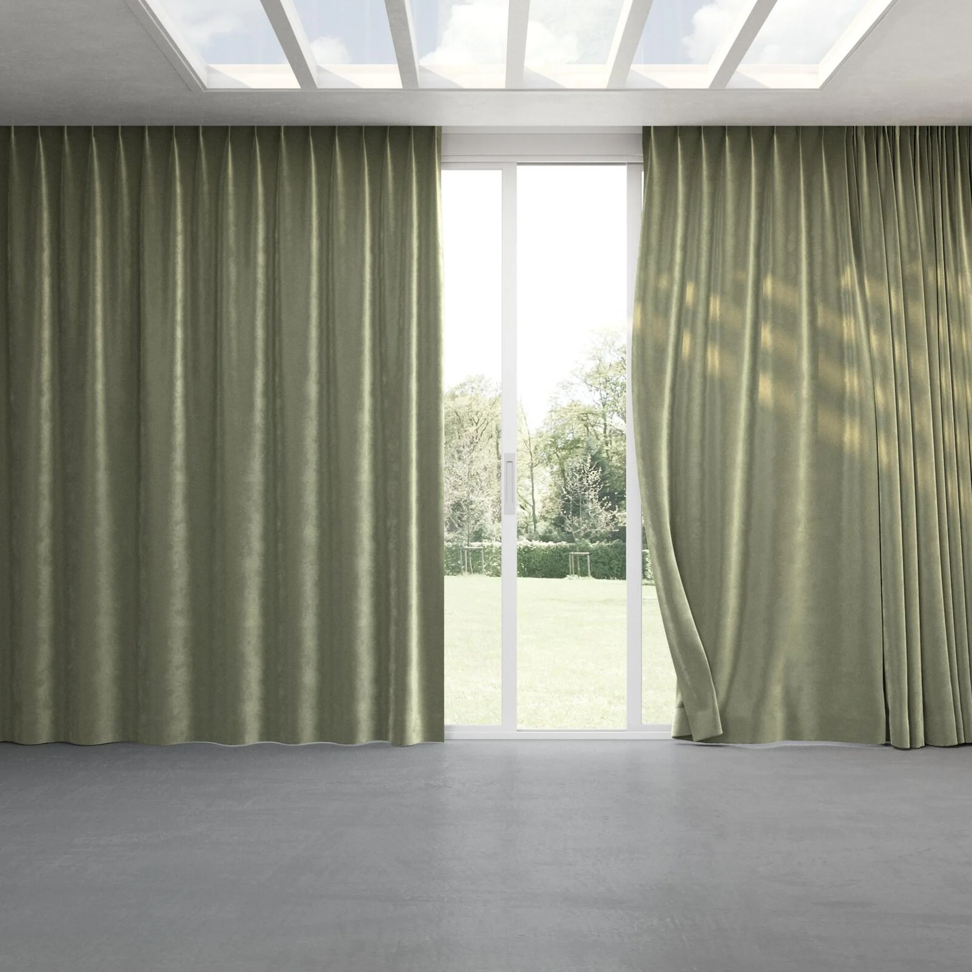 Full view of Velvelux Tarragon, pinch pleat