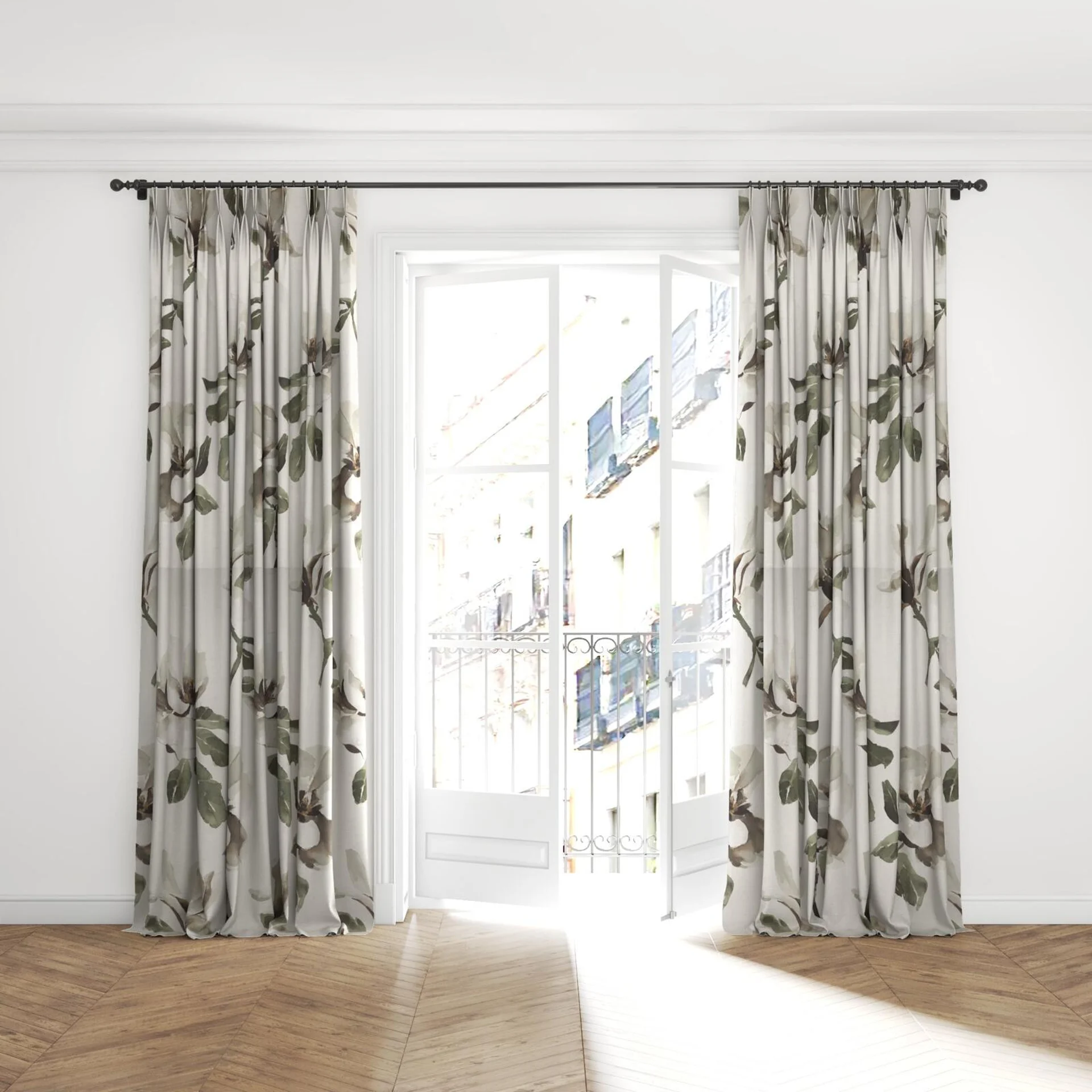 Full view of Magnolia Grandiflora Clove, puddled with pinch pleat, on curtain rod