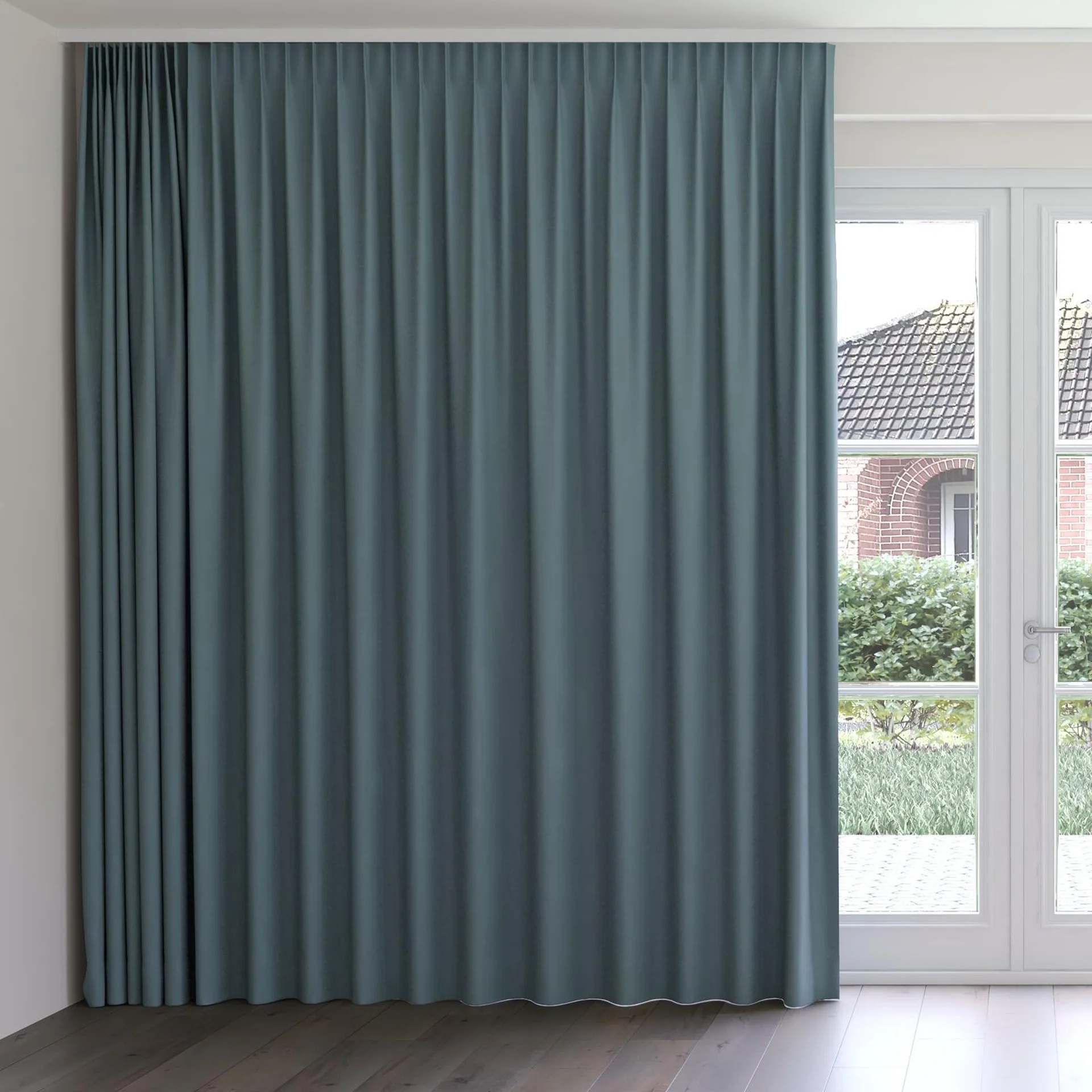 Front view of Oakley FR Teal, on curtain rail