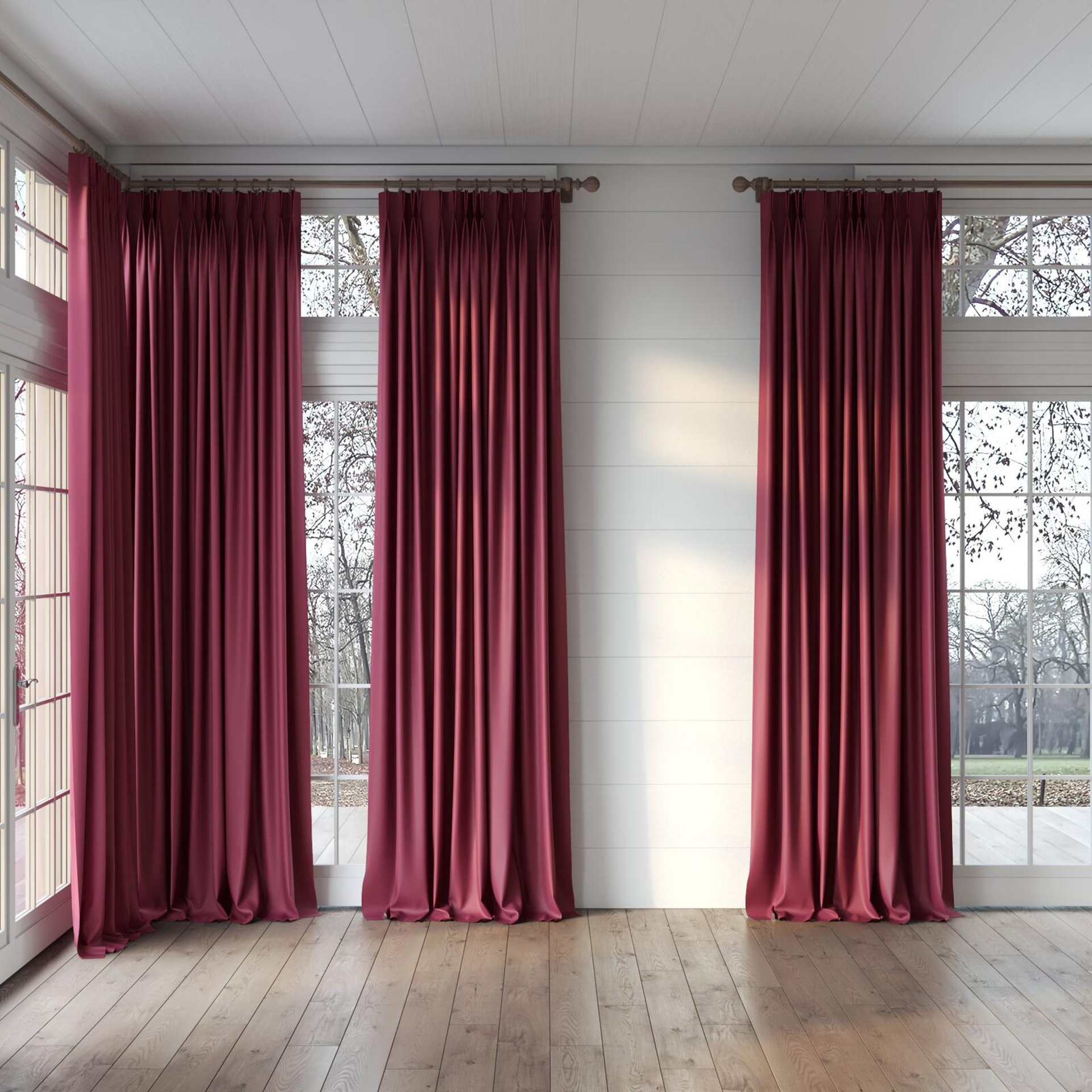 Full view of Blockbuster Bordeaux, puddled, on curtain rod