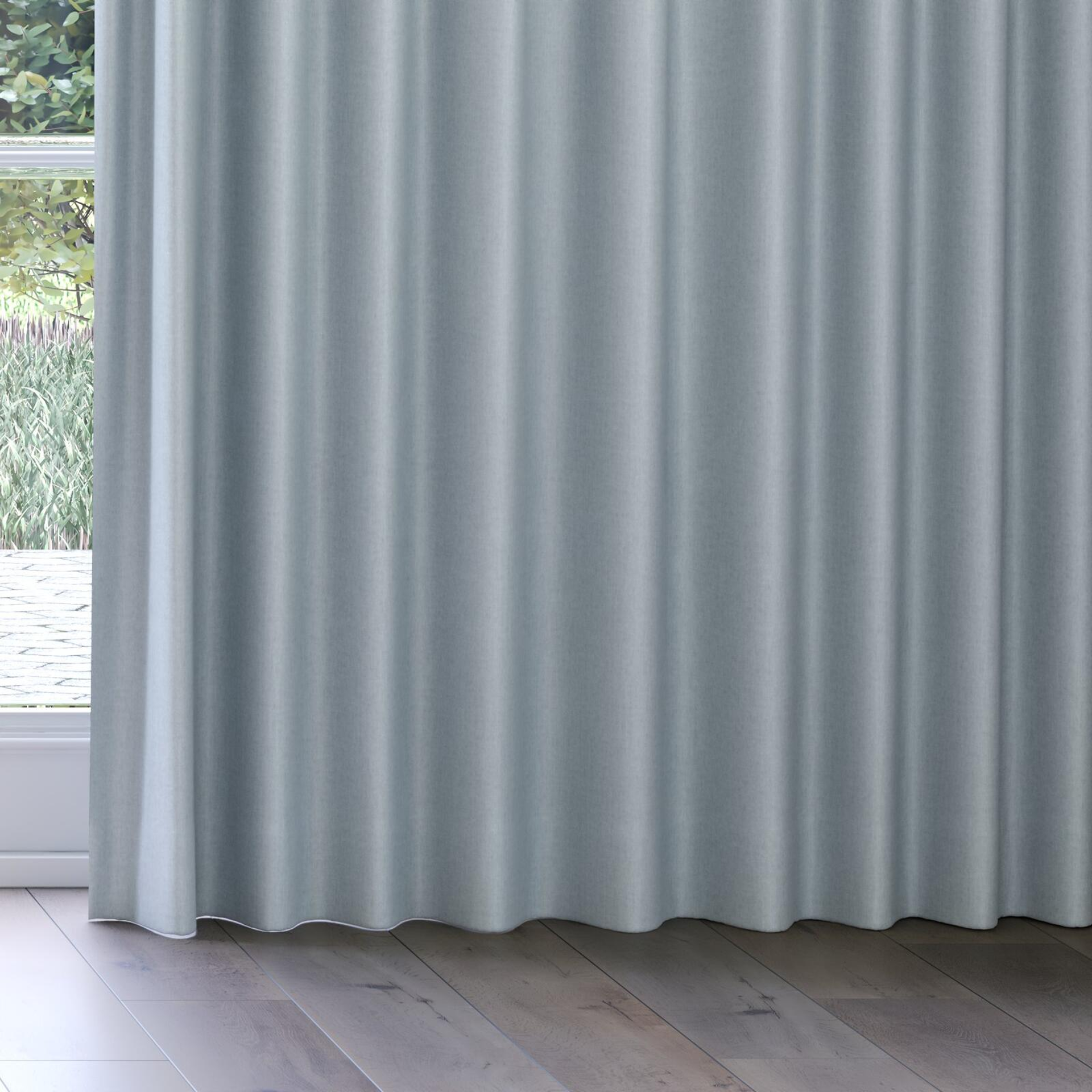 Bottom view of Cushy Aqua, on curtain rail