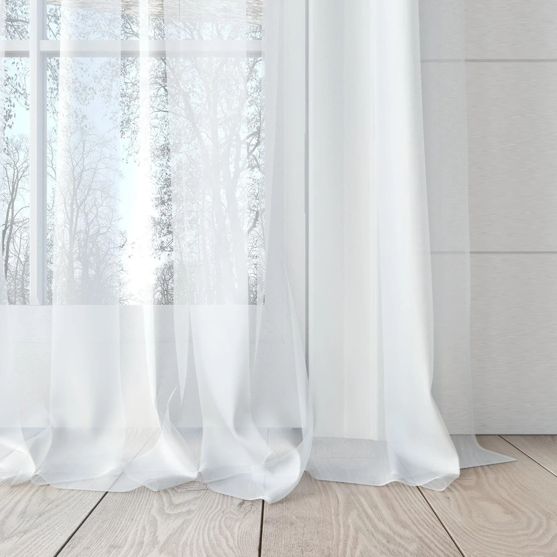 Bottom view of Mode FR White, puddled, on curtain rod