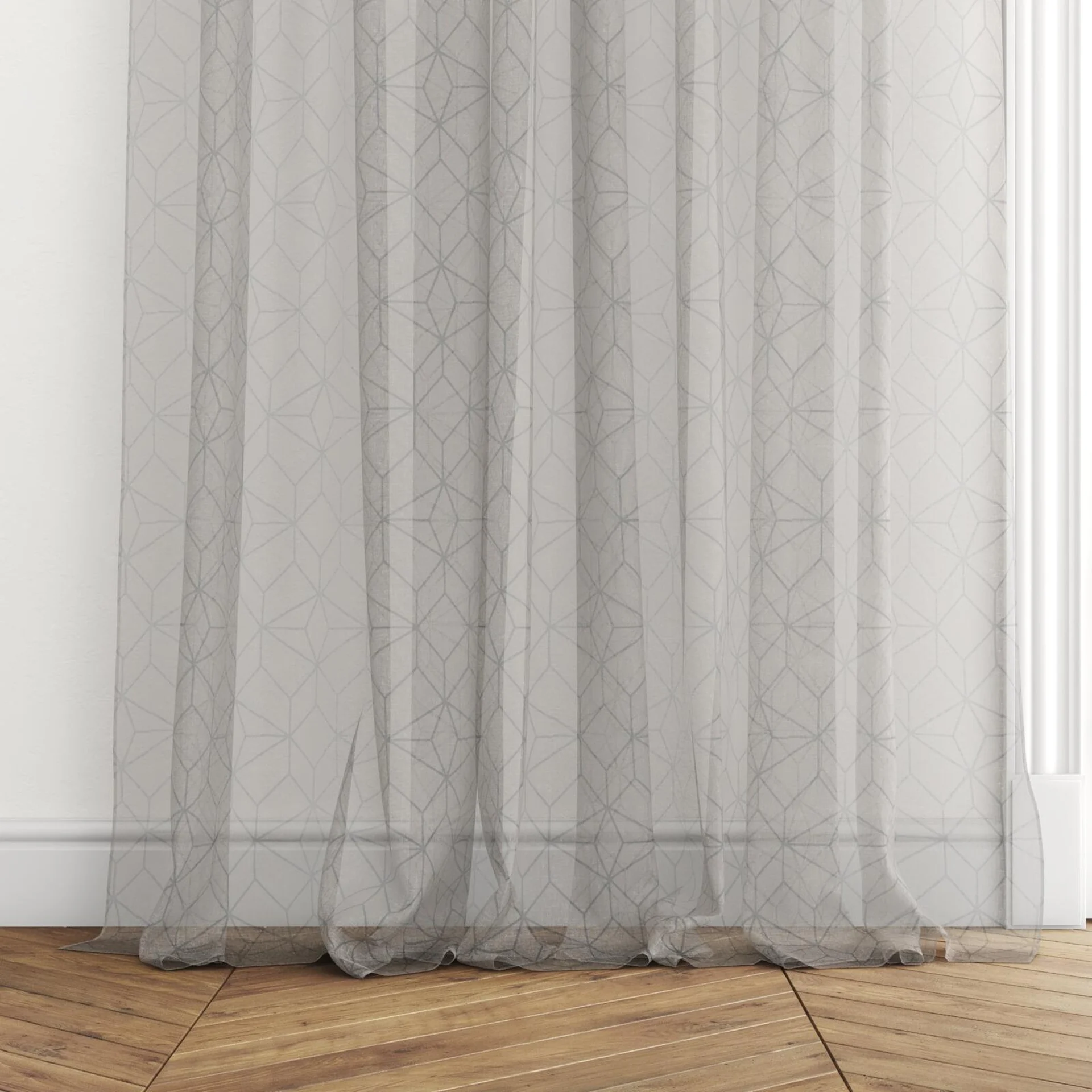 Bottom view of Alassio Horizon, puddled with pinch pleat, on curtain rod