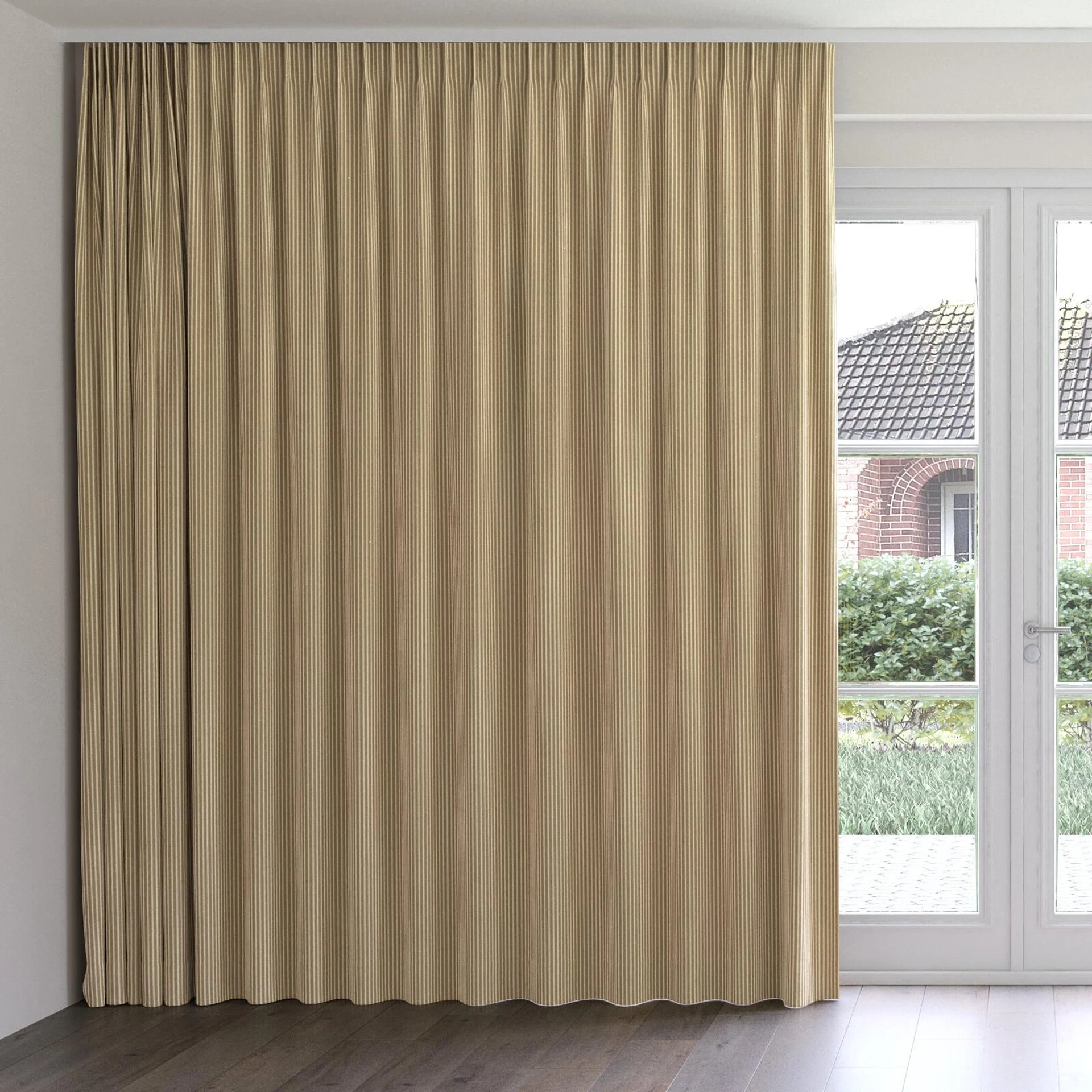 Front view of Embrace Biscoff, on curtain rail