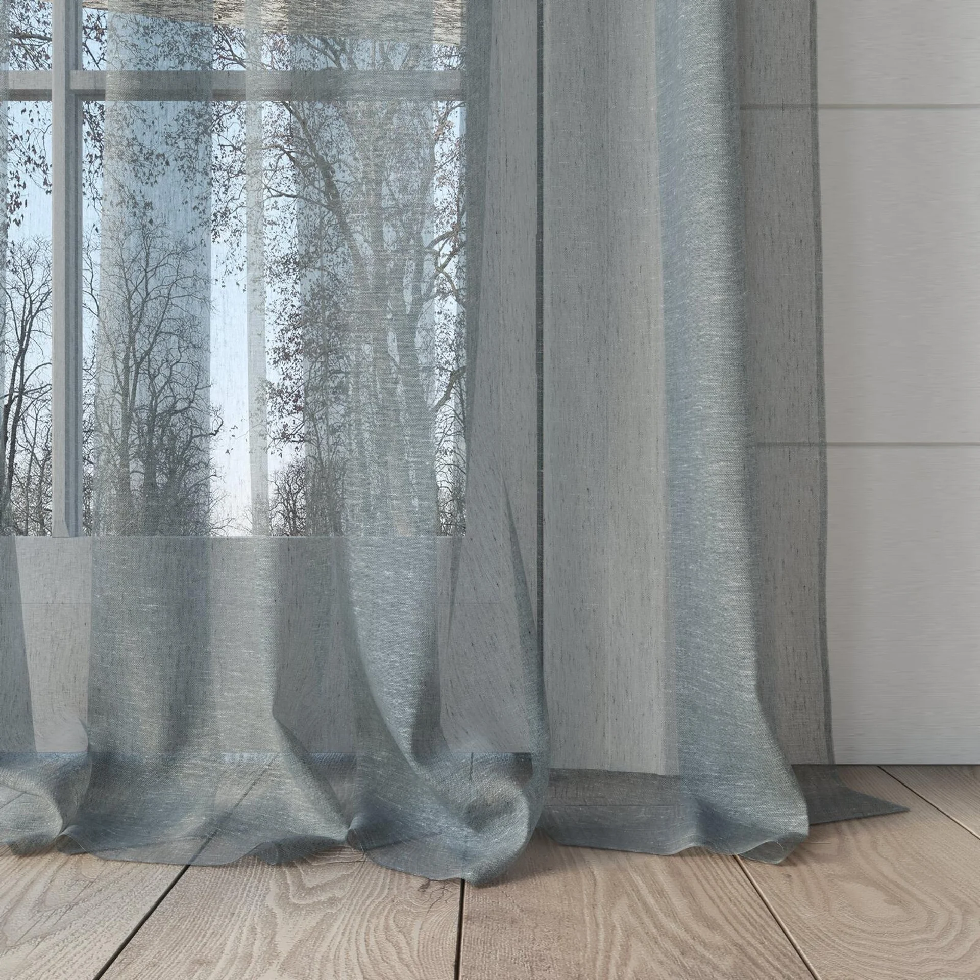 Bottom view of Rhyme Slate, puddled, on curtain rod
