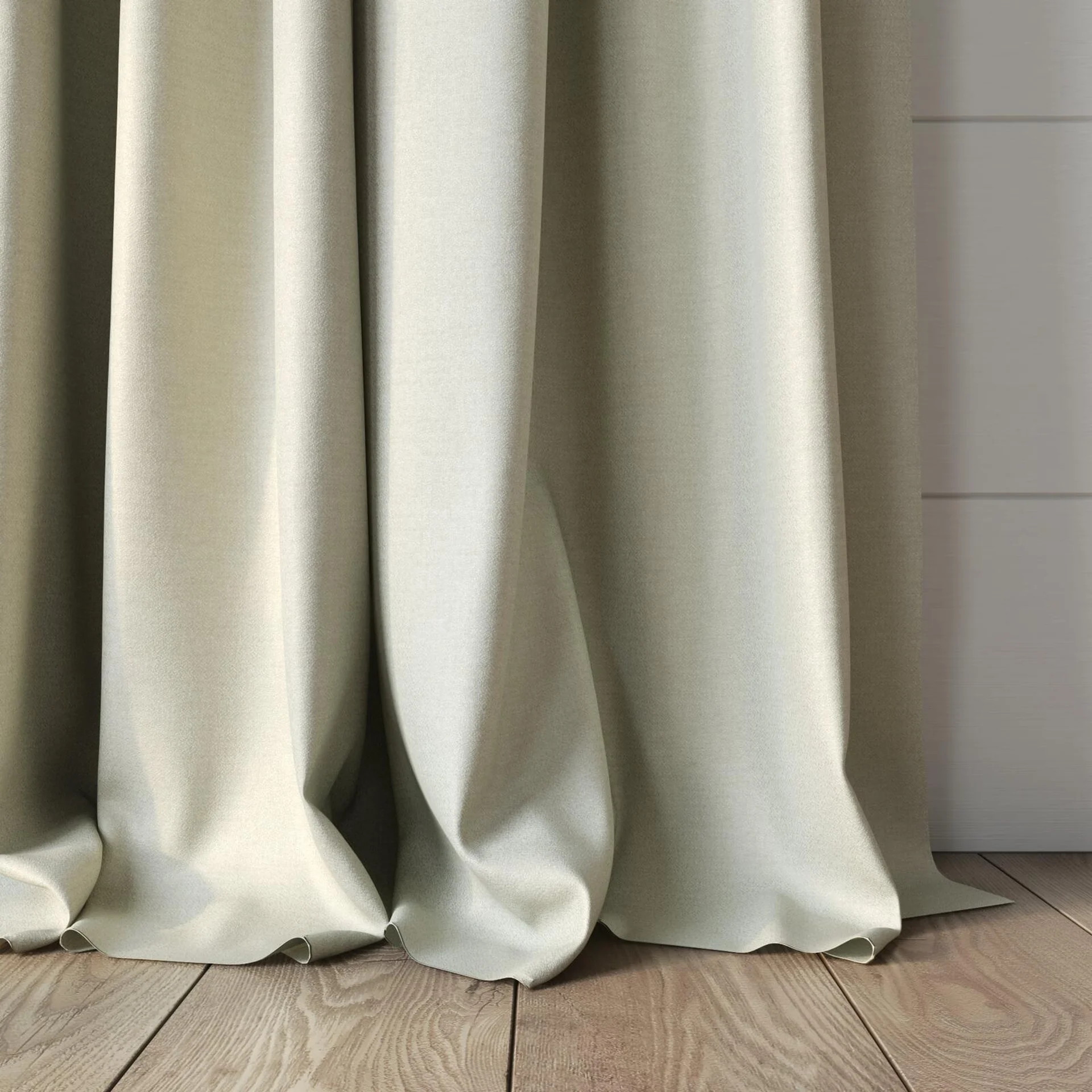 Bottom view of Eclipse Blackout Linen, puddled, on curtain rod