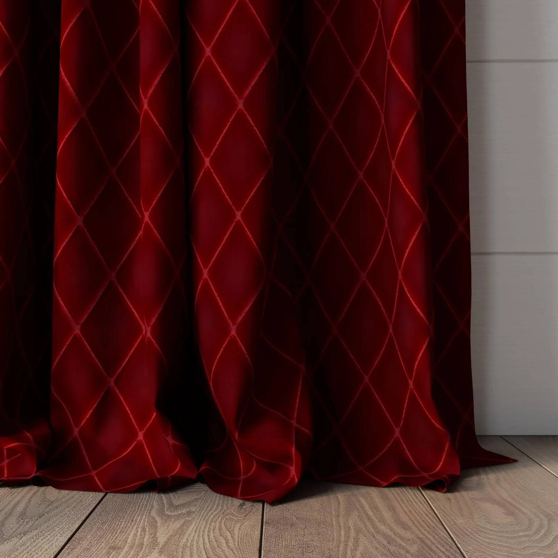 Bottom view of Pantheon Cerise, puddled, on curtain rod