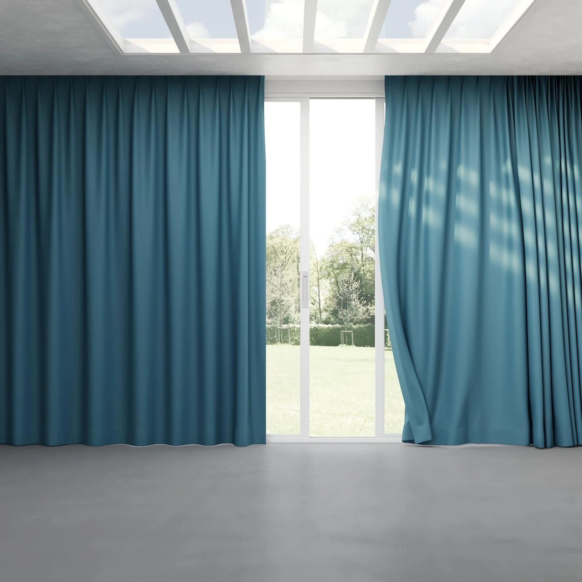 Full view of Ultra Dim Teal, pinch pleat