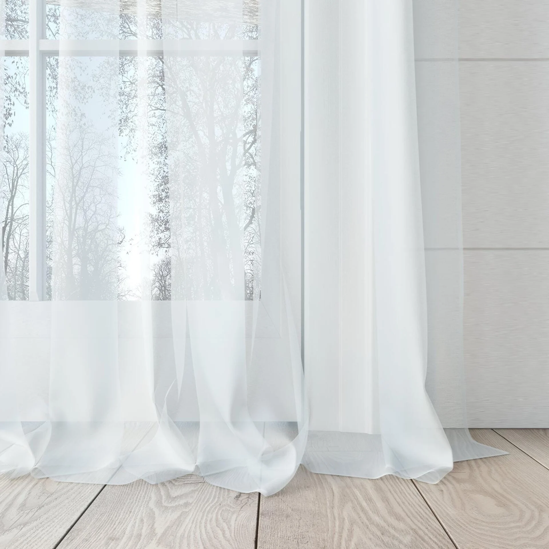 Bottom view of Xo Snow, puddled, on curtain rod