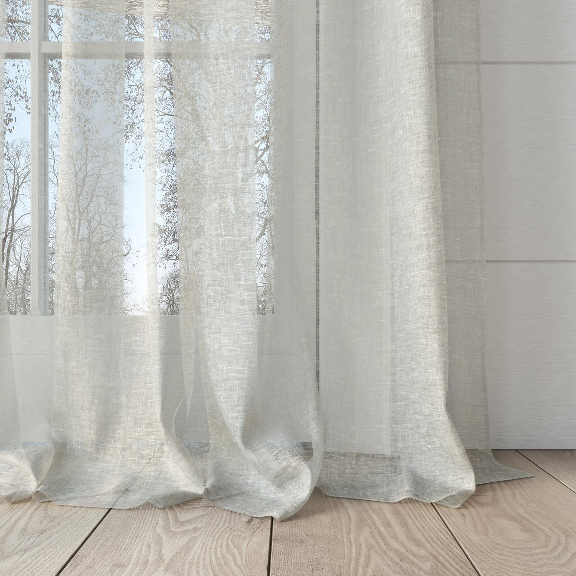 Bottom view of Pure Linen Sand, puddled, on curtain rod