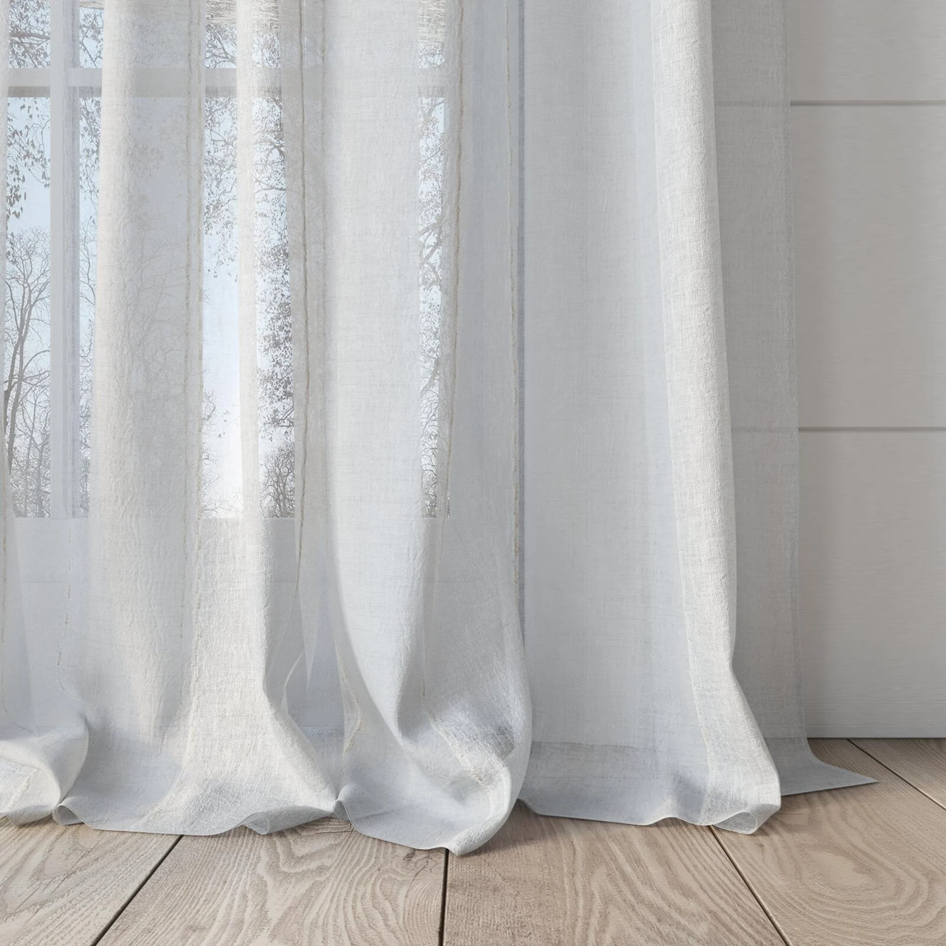 Bottom view of Zanella Snow, puddled, on curtain rod