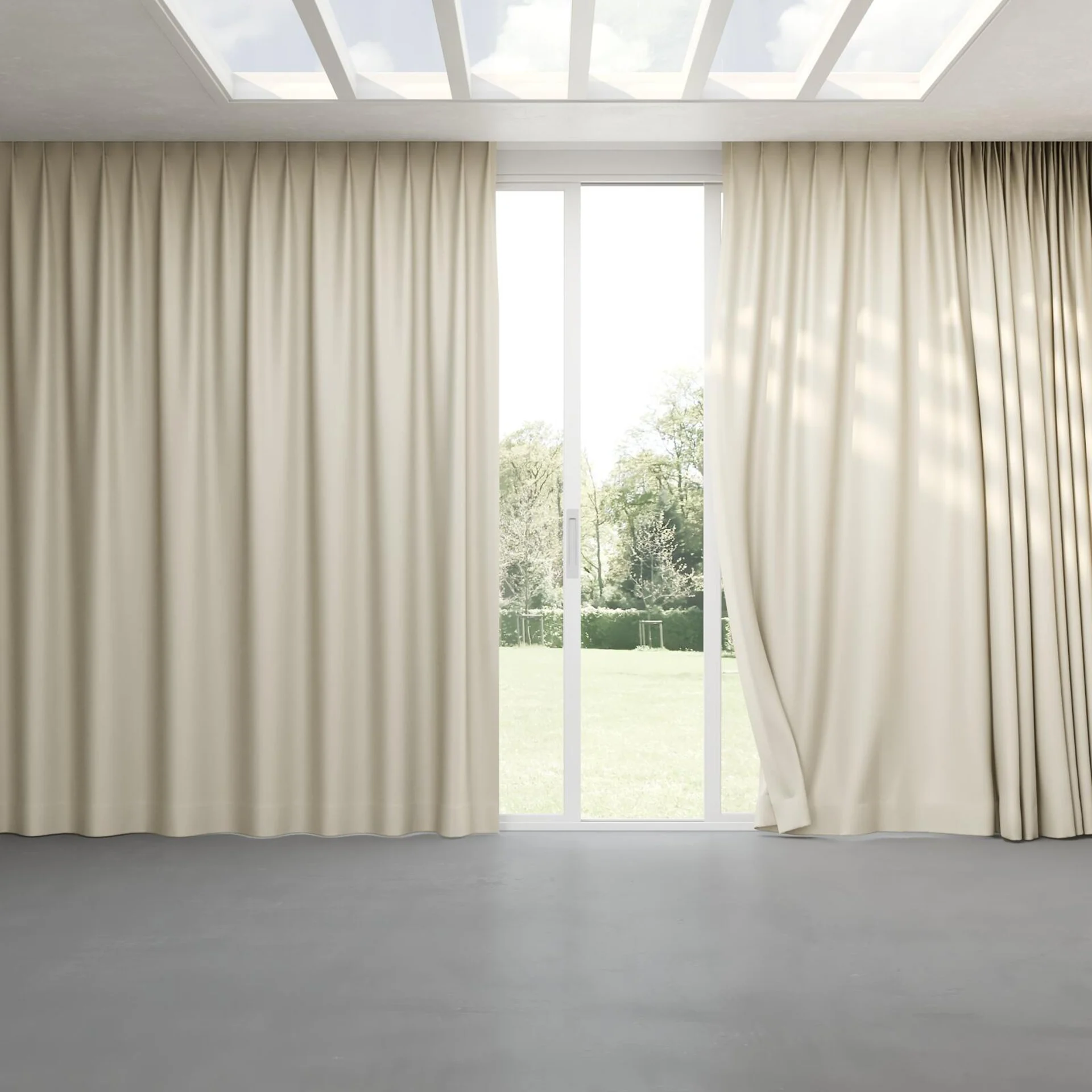 Full view of Eclipse FR Blackout Parchment, pinch pleat