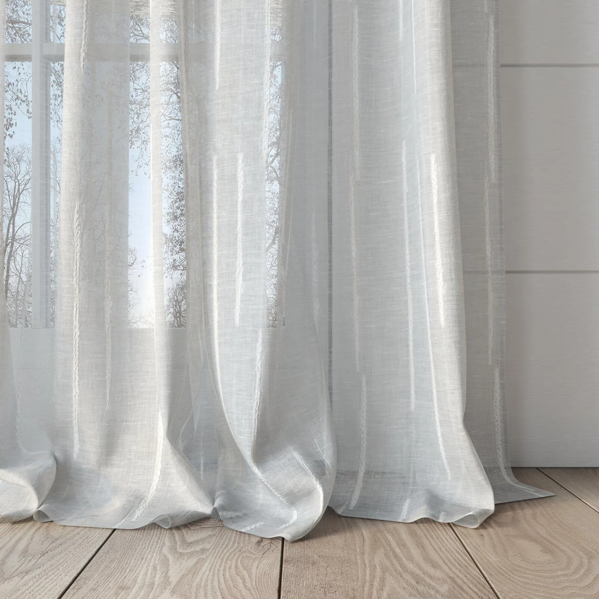 Bottom view of Tidal Almond, puddled, on curtain rod
