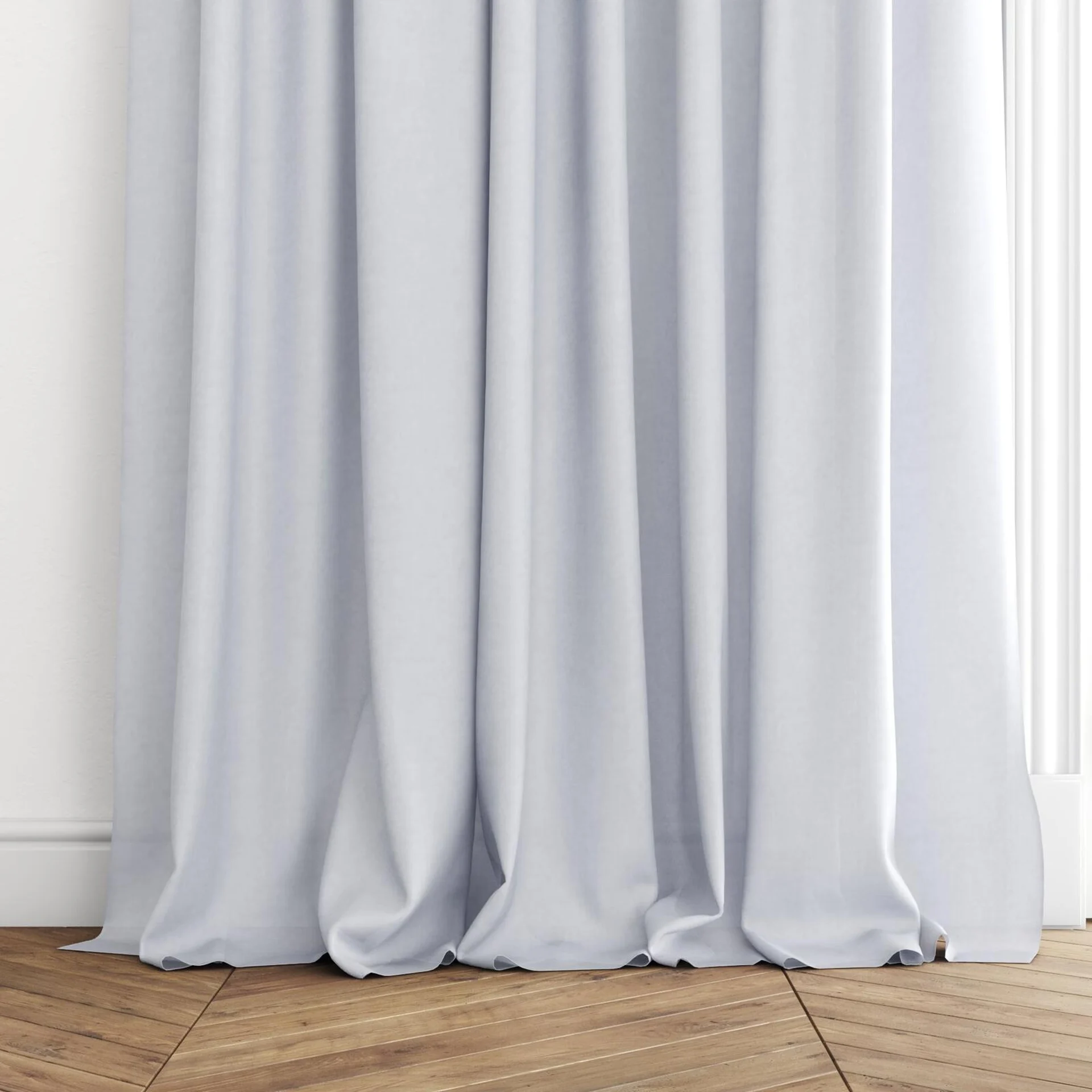 Bottom view of Flo II Mist, puddled with pinch pleat, on curtain rod