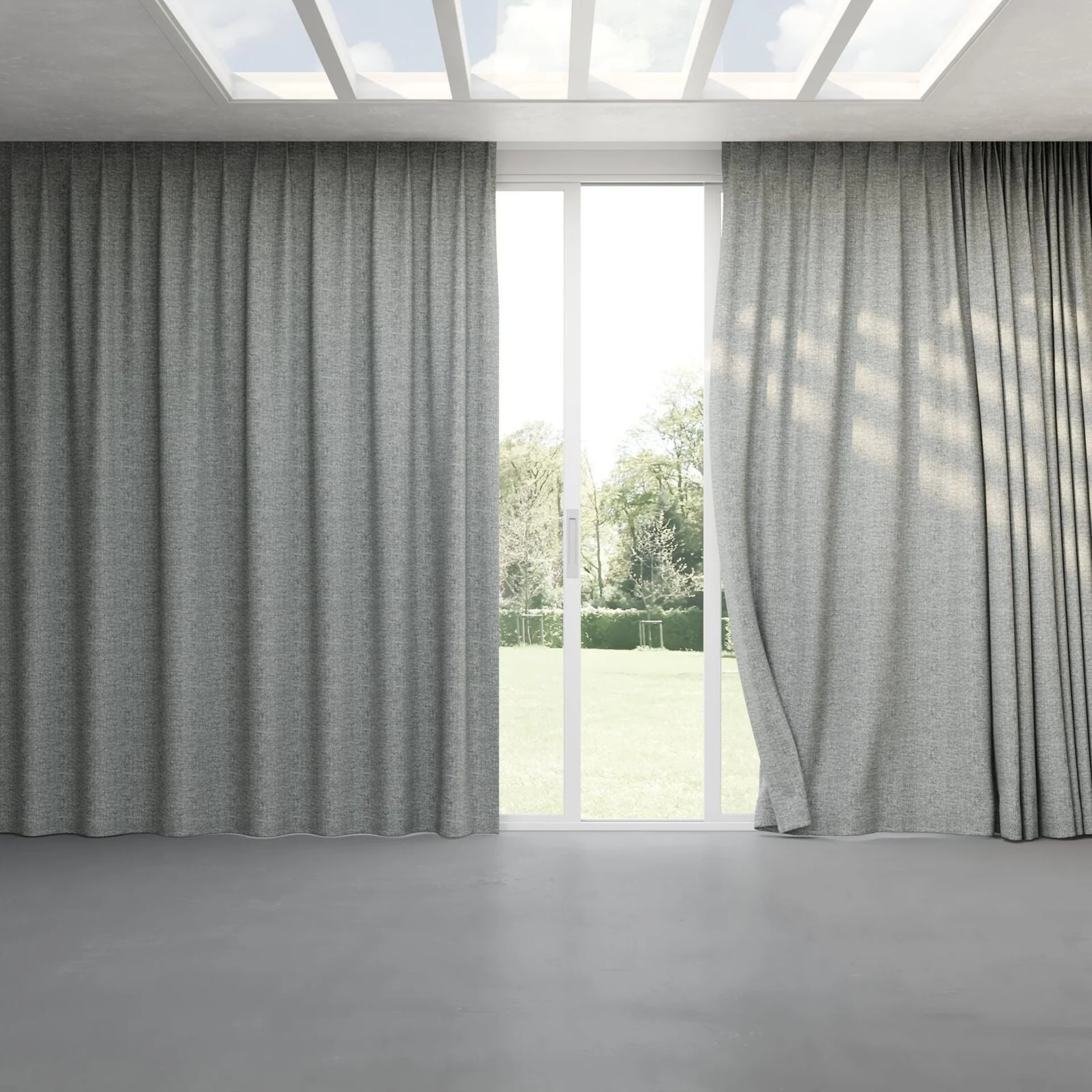 Full view of Earthwild Pewter, pinch pleat