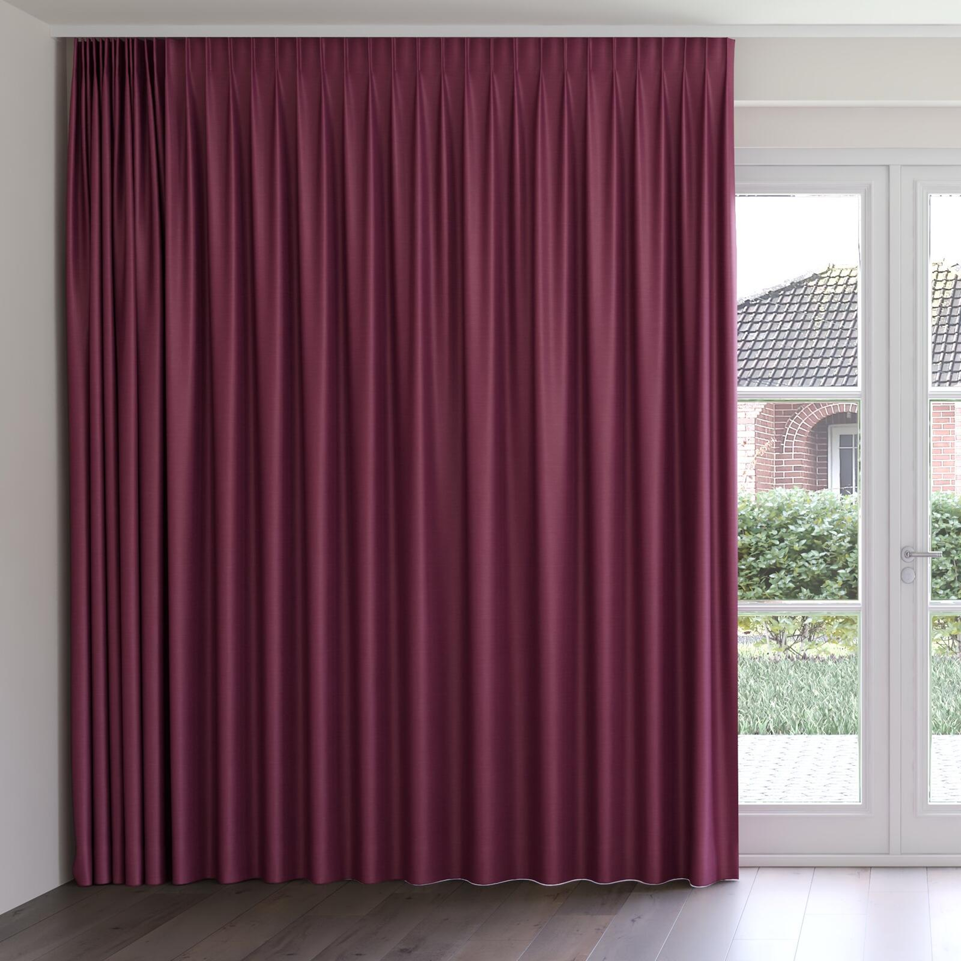 Front view of Silky Plum, on curtain rail