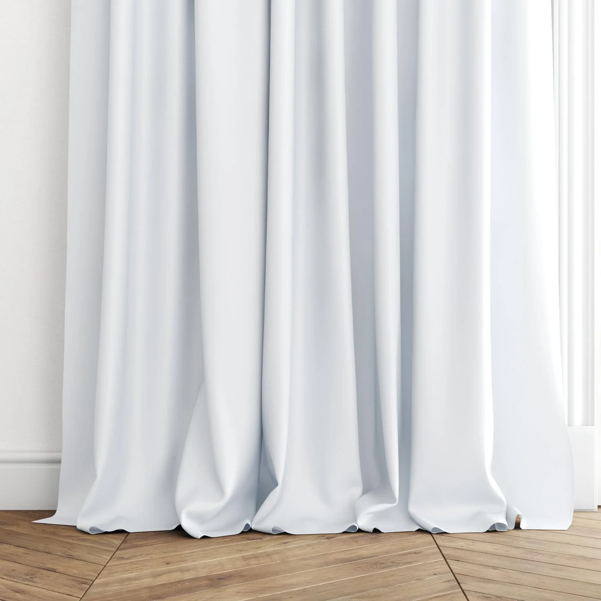 Bottom view of Optima Platinum, puddled with pinch pleat, on curtain rod