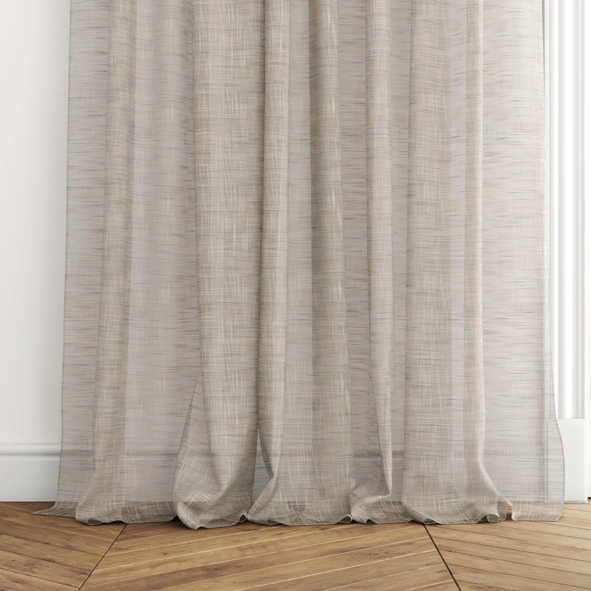 Bottom view of Jaipur Parma, puddled with pinch pleat, on curtain rod