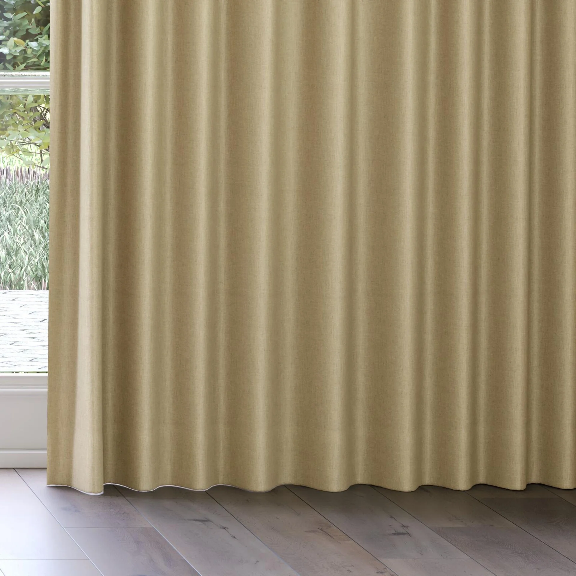Bottom view of Stonewall Blackout Raffia, on curtain rail