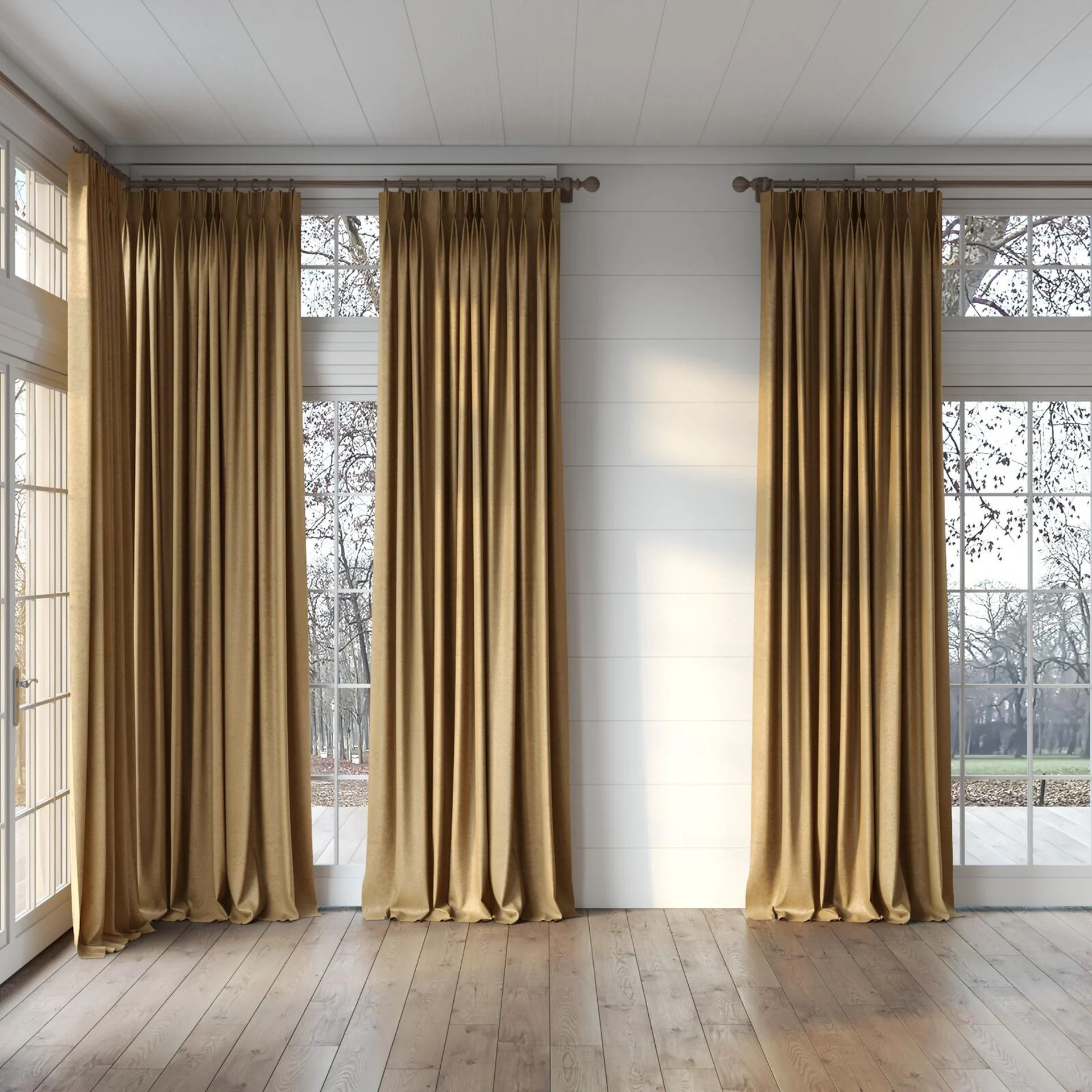 Full view of Lambada Brindle, puddled, on curtain rod