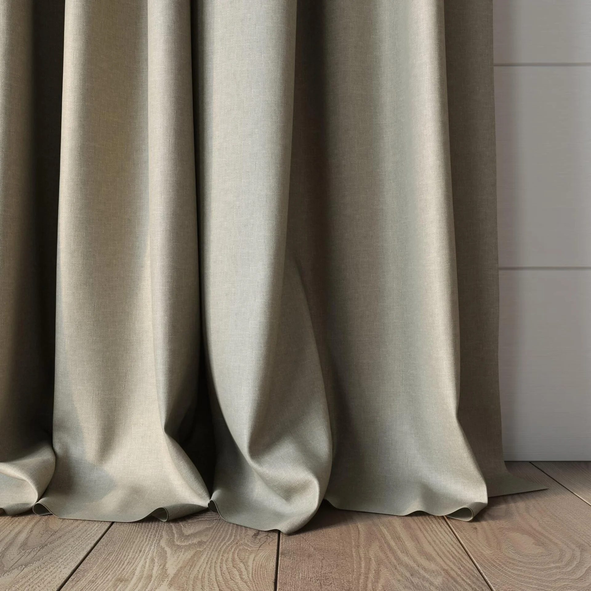 Bottom view of Naturama Taupe, puddled, on curtain rod