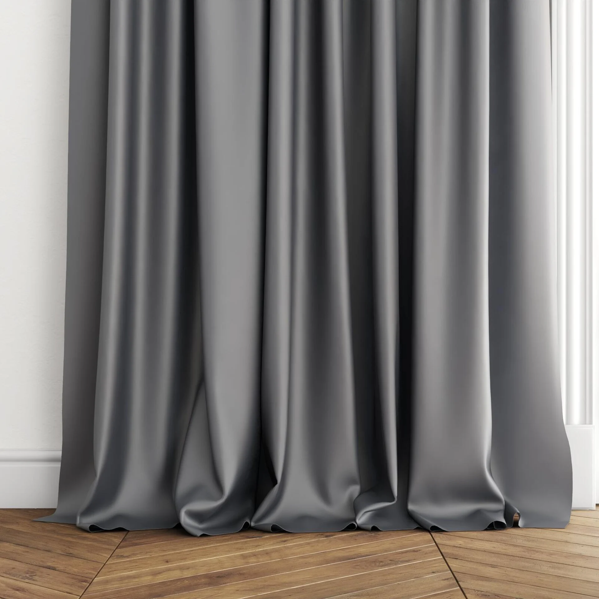 Bottom view of Optima Charcoal, puddled with pinch pleat, on curtain rod