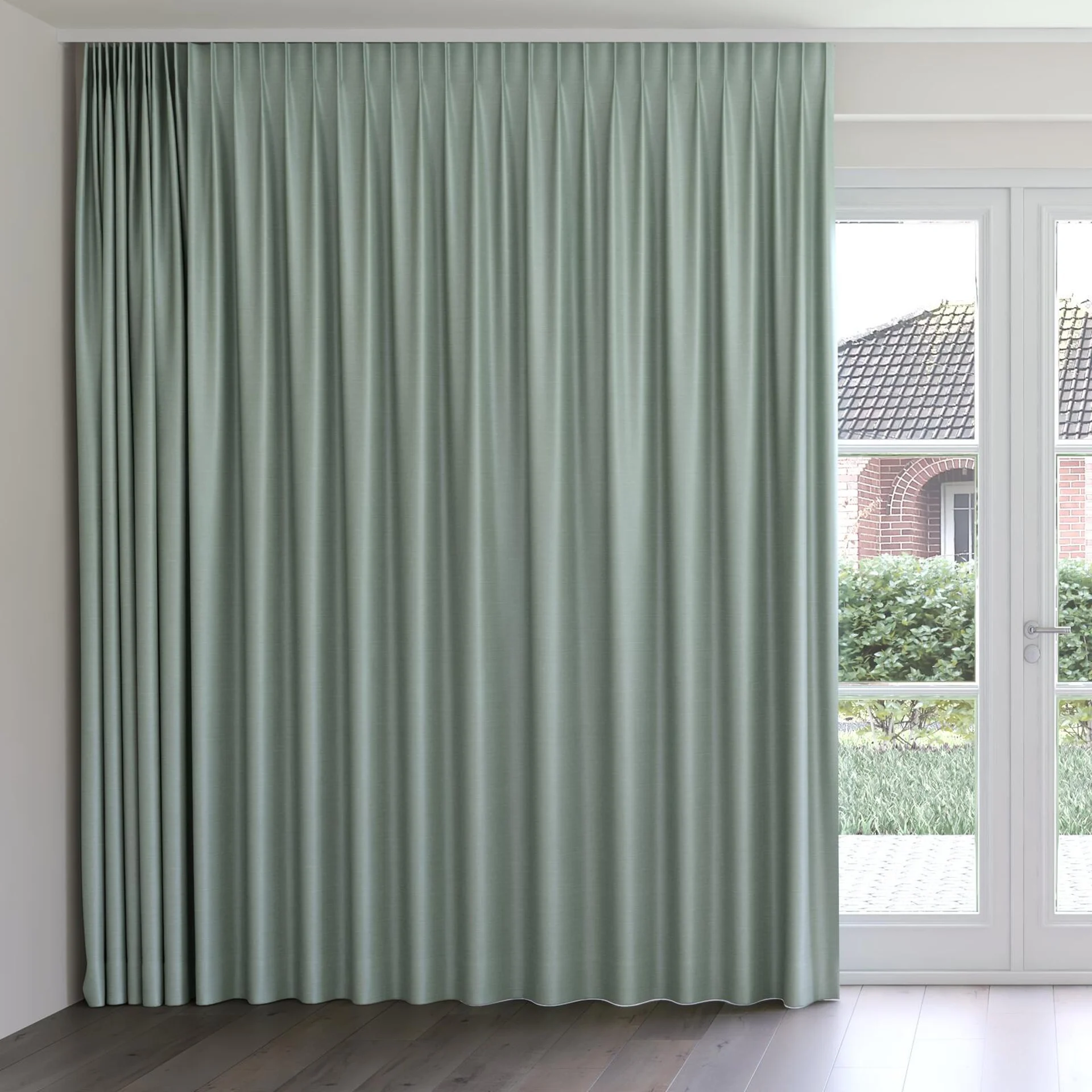 Front view of Silky Duckegg, on curtain rail