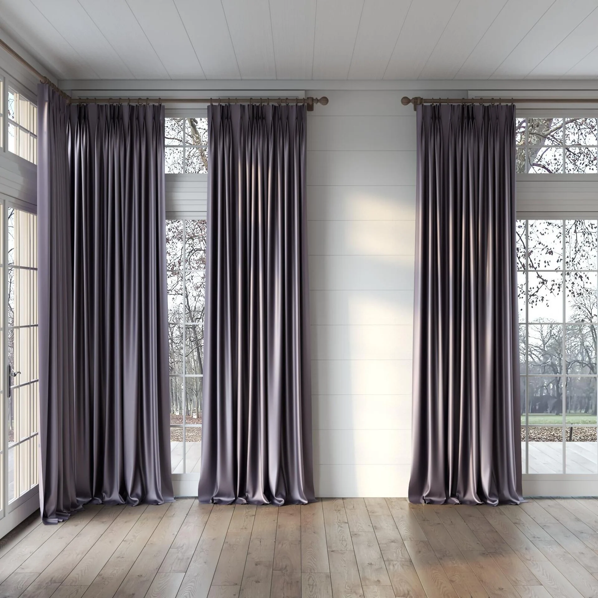 Full view of Moonbeam Plum, puddled, on curtain rod