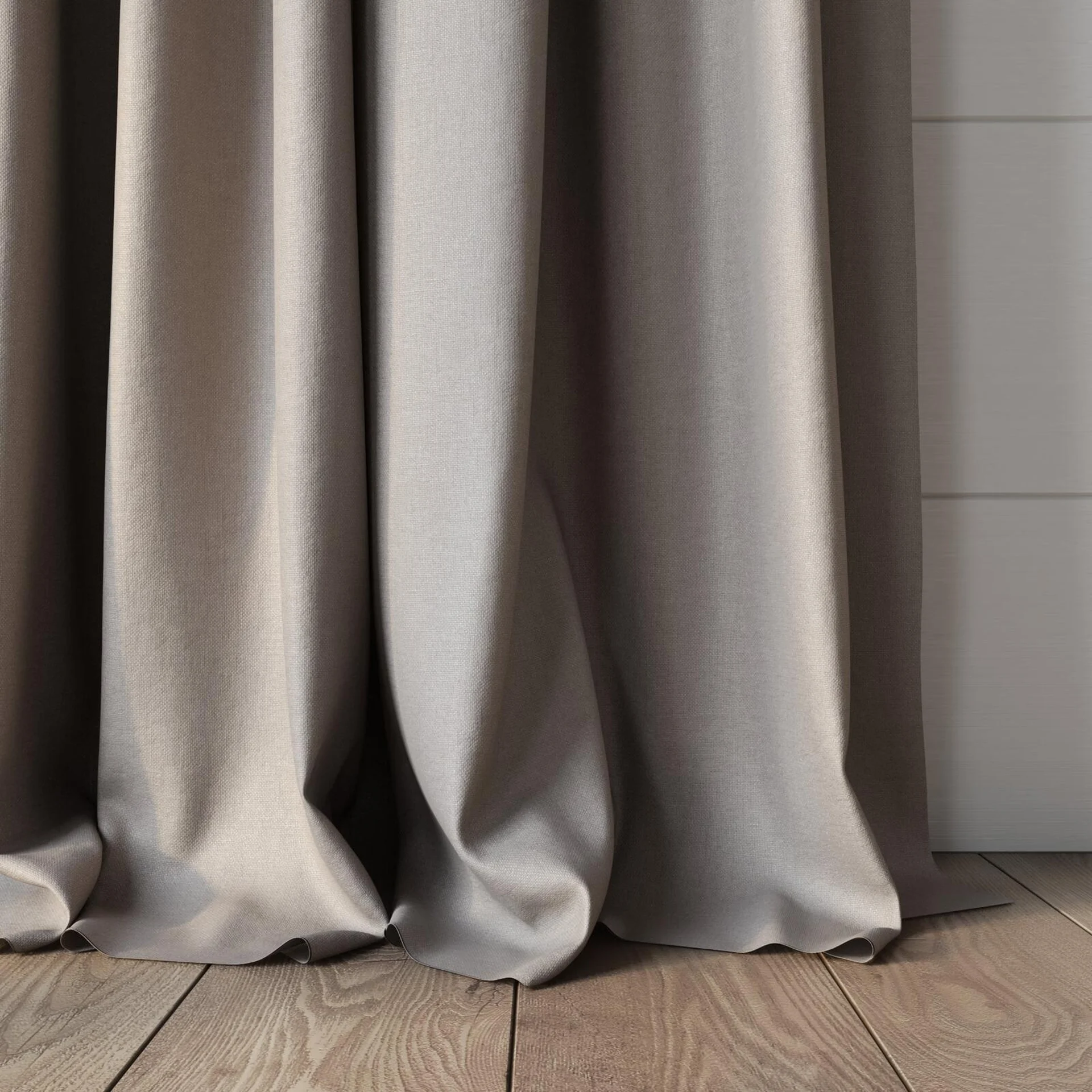 Bottom view of Brugge Taupe, puddled, on curtain rod