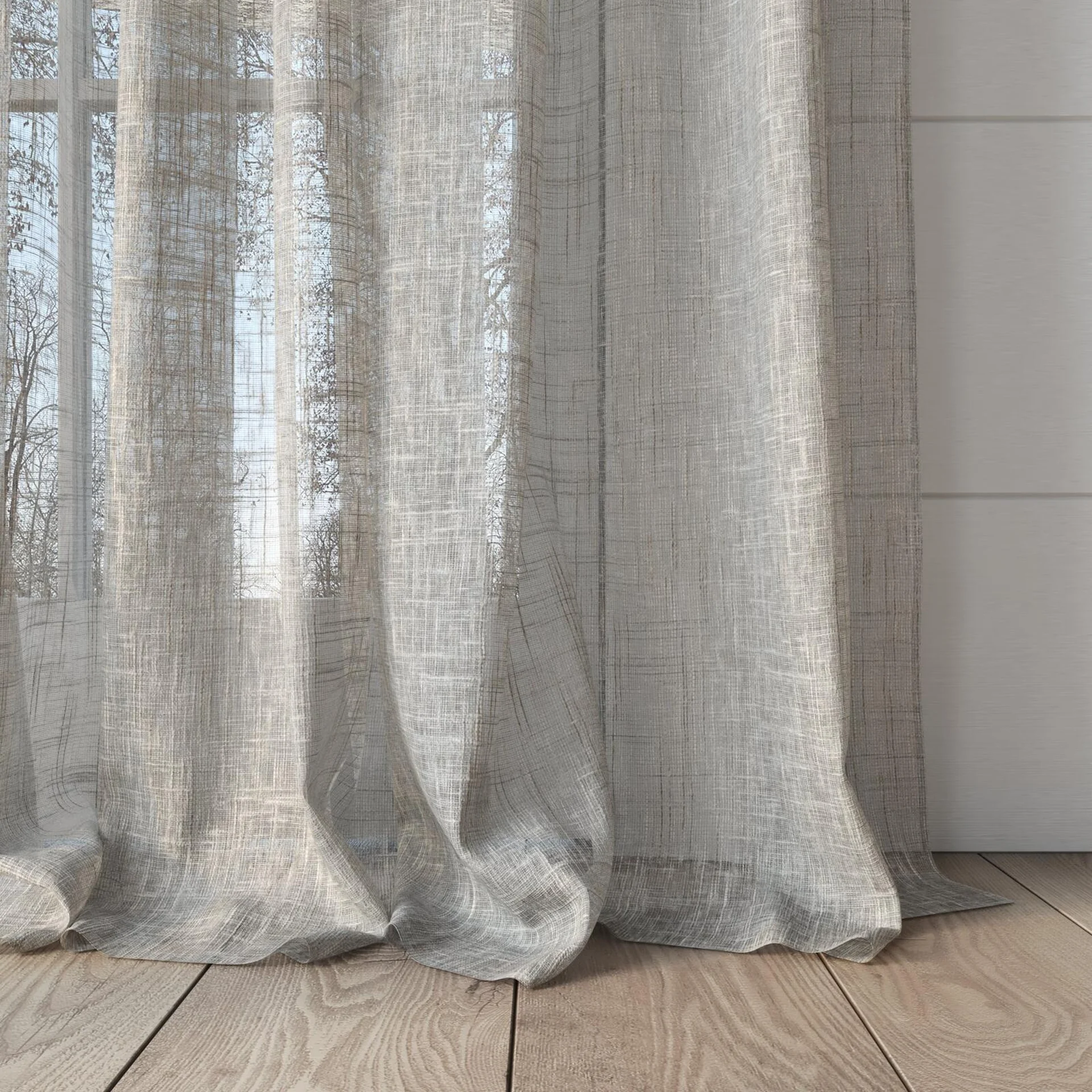 Bottom view of Beech Stone, puddled, on curtain rod