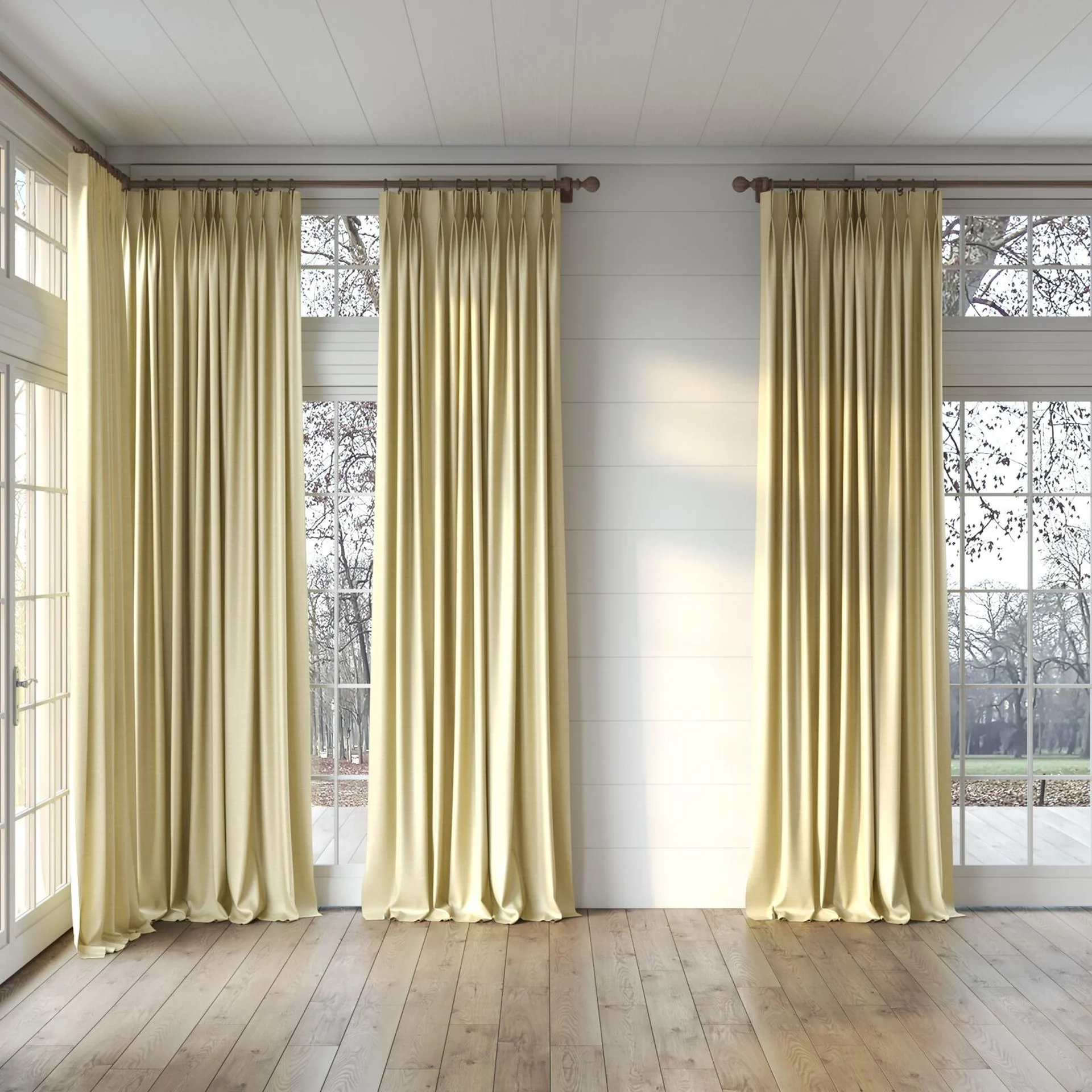 Full view of Silky Raffia, puddled, on curtain rod