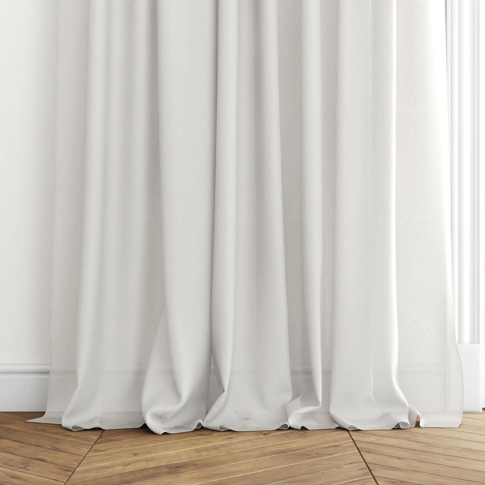 Bottom view of Kanso Stonewash Silver, puddled with pinch pleat, on curtain rod