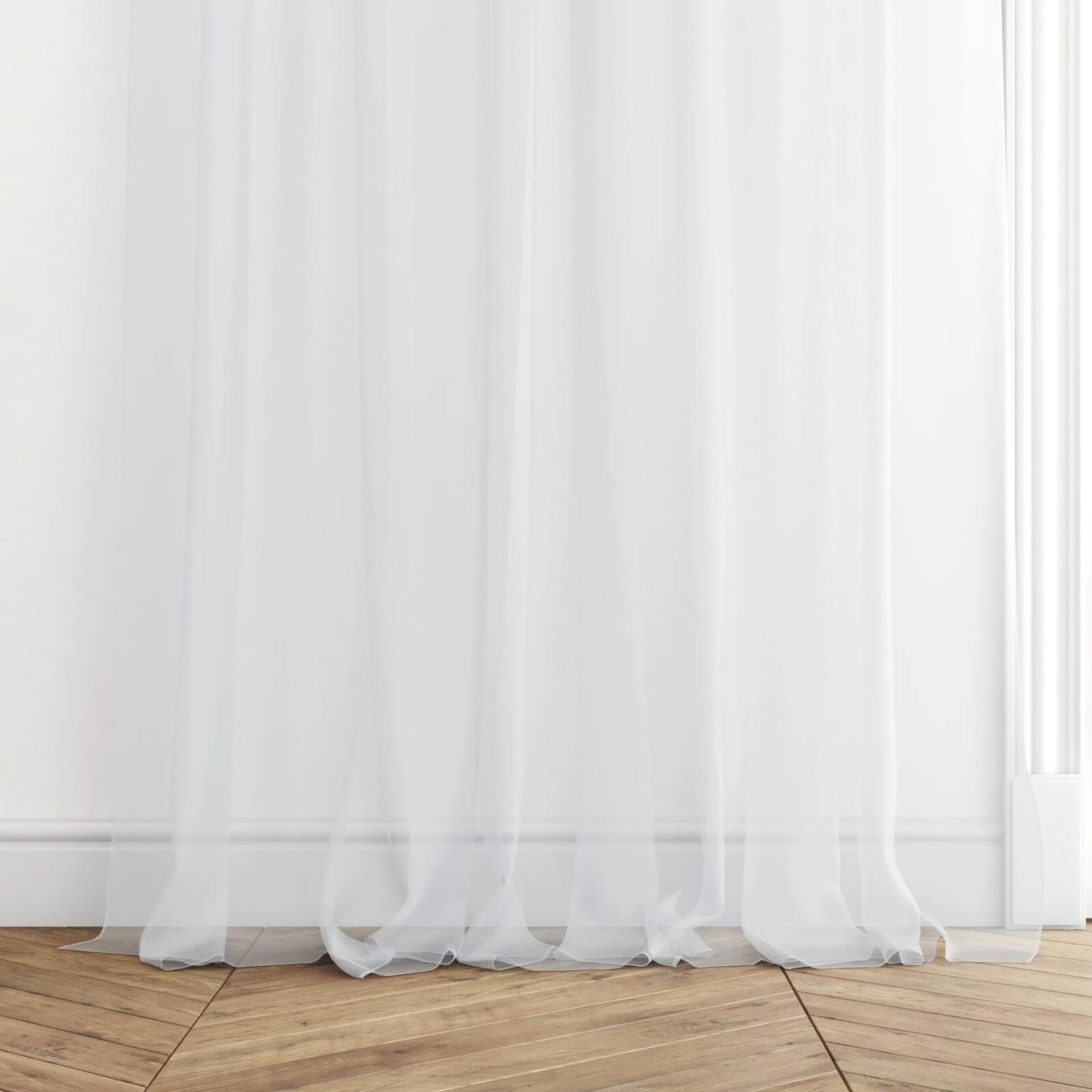 Bottom view of Xo Swan, puddled with pinch pleat, on curtain rod