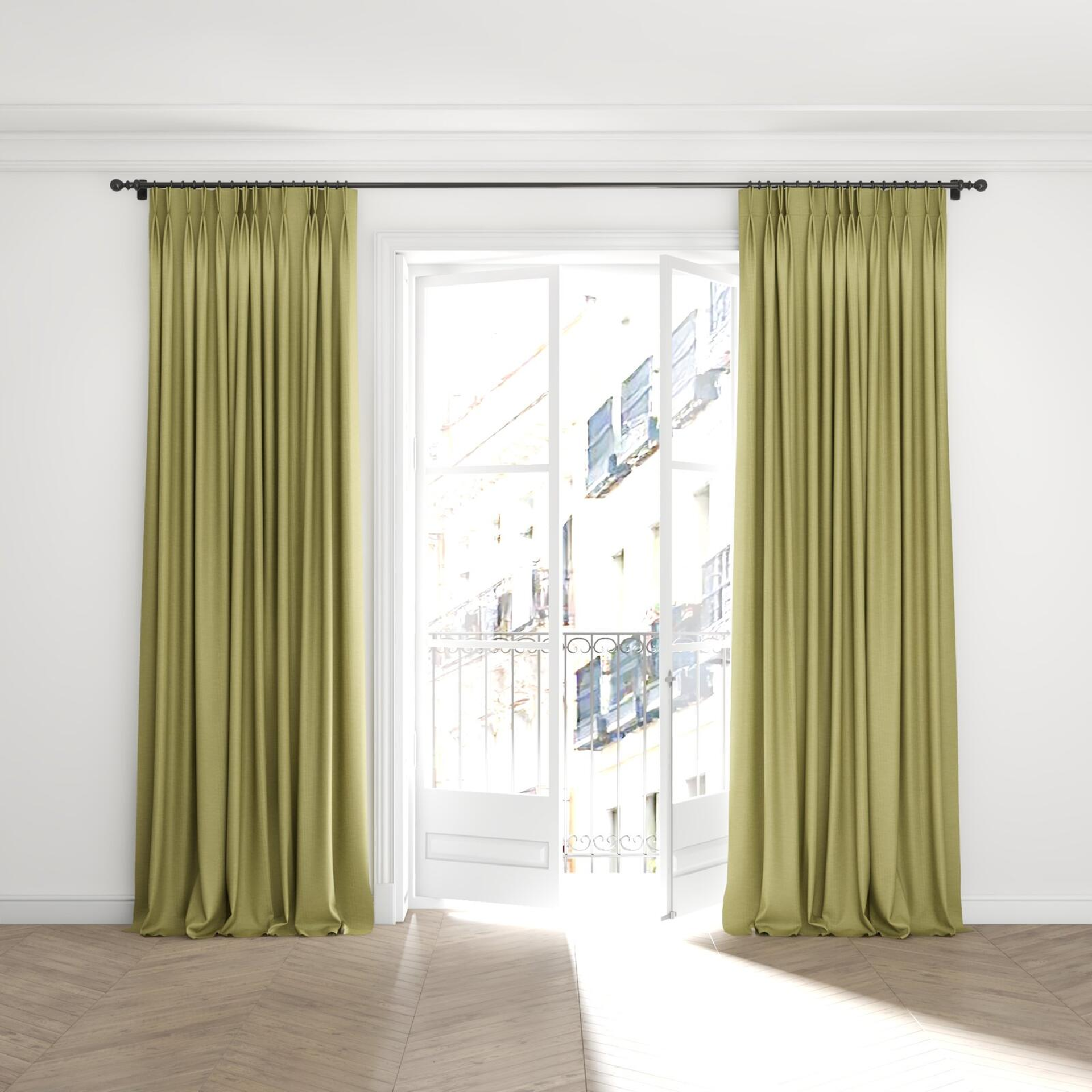 Full view of Casual Moss, puddled with pinch pleat, on curtain rod