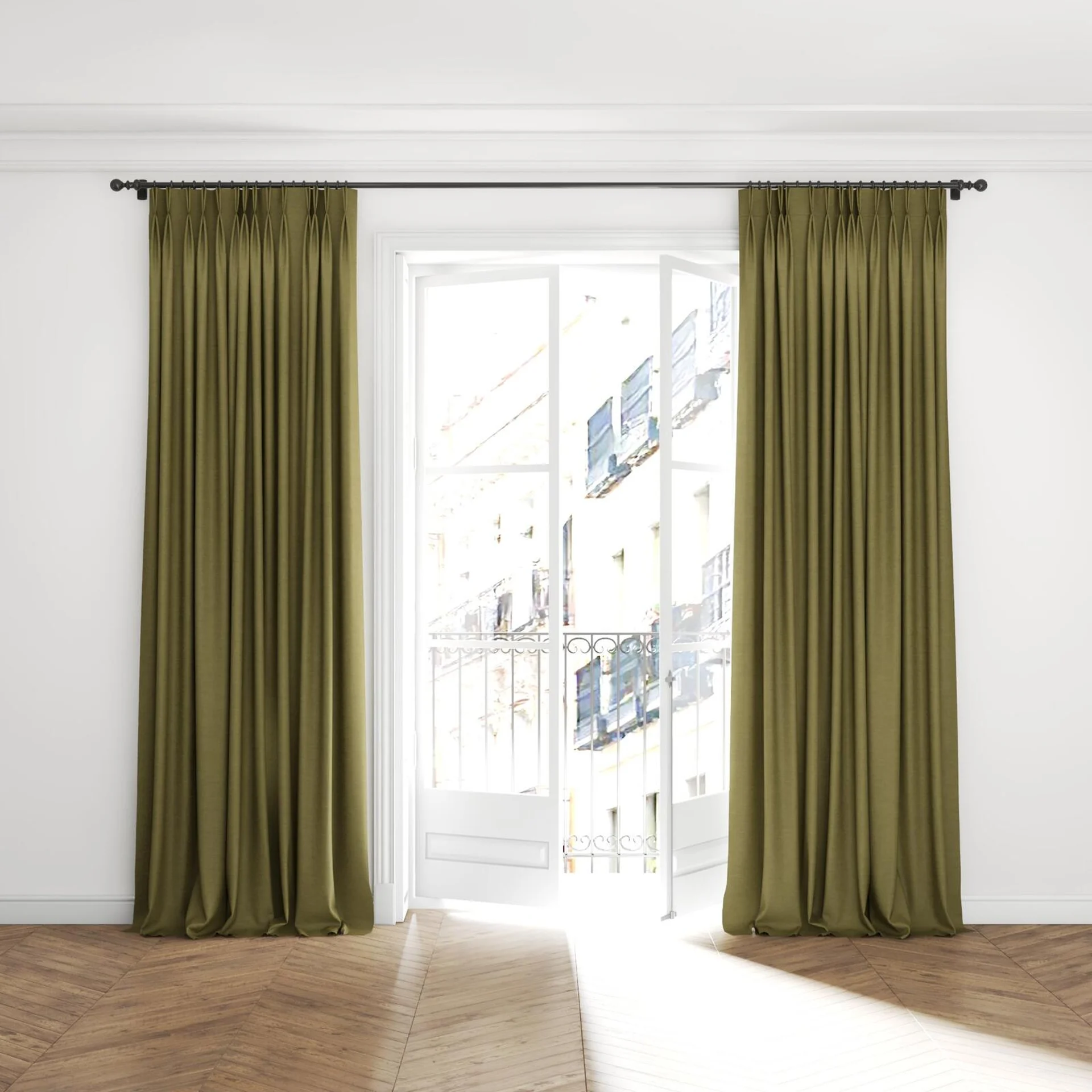 Full view of Drama Moss, puddled with pinch pleat, on curtain rod