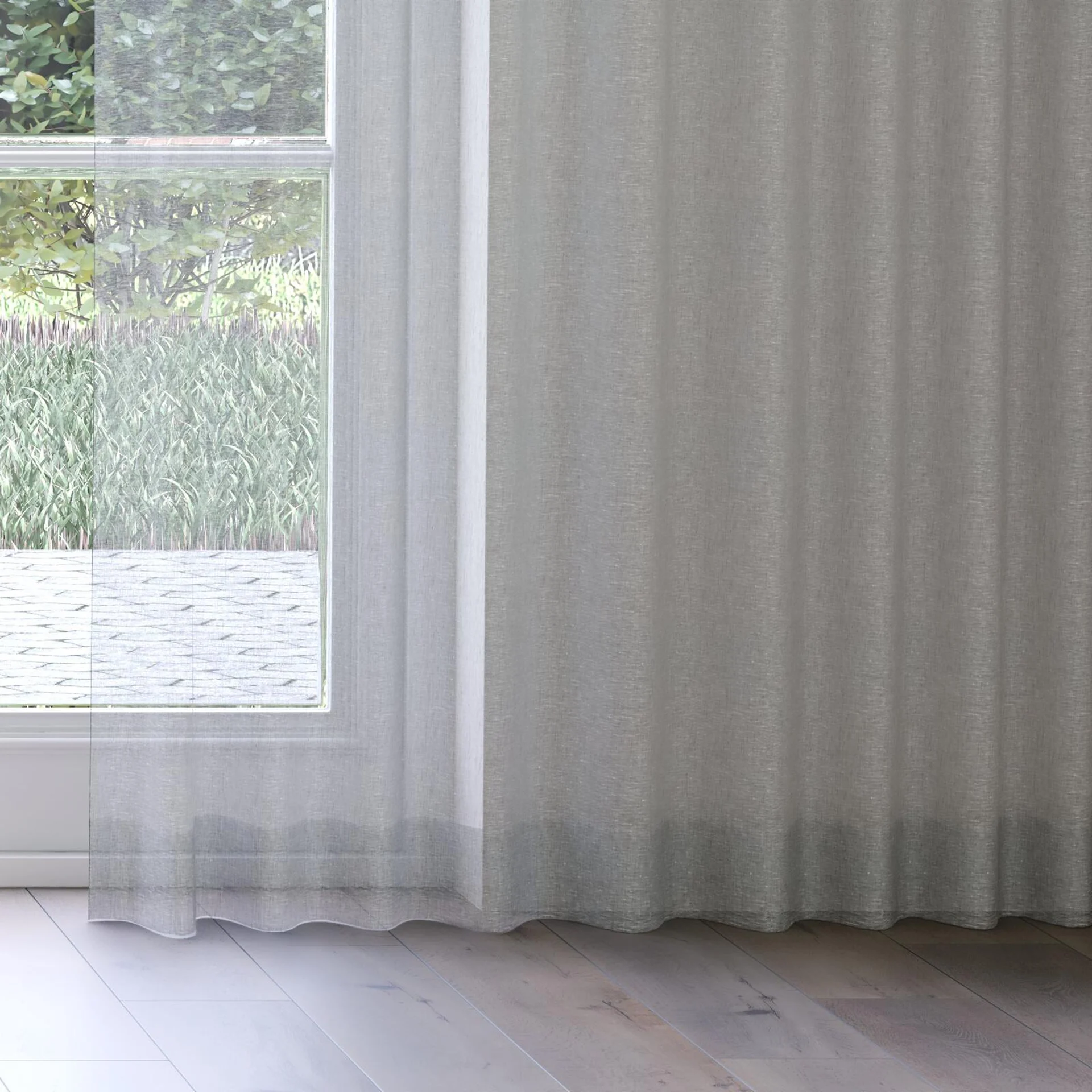 Bottom view of Pure Linen Liquorice, on curtain rail