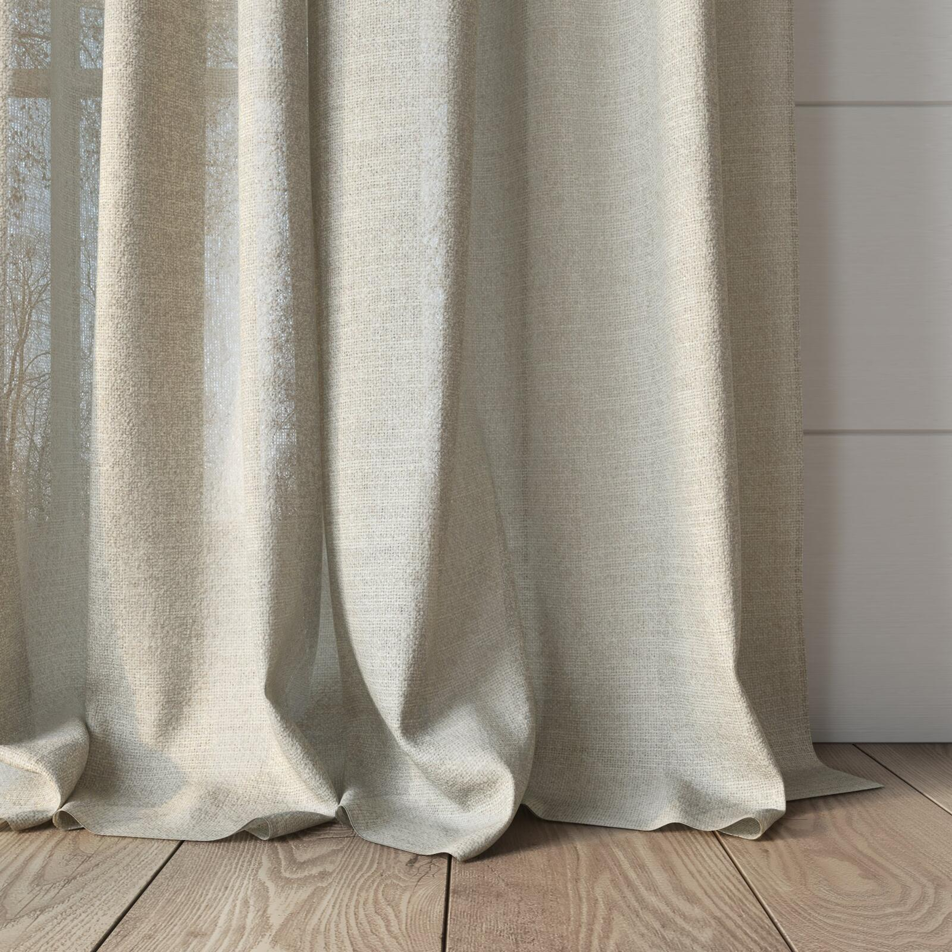 Bottom view of Revel Linen, puddled, on curtain rod