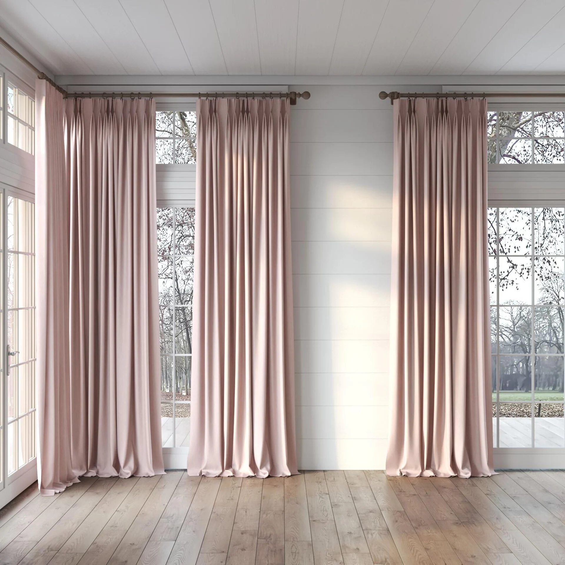 Full view of Cordoba Blossom, puddled, on curtain rod
