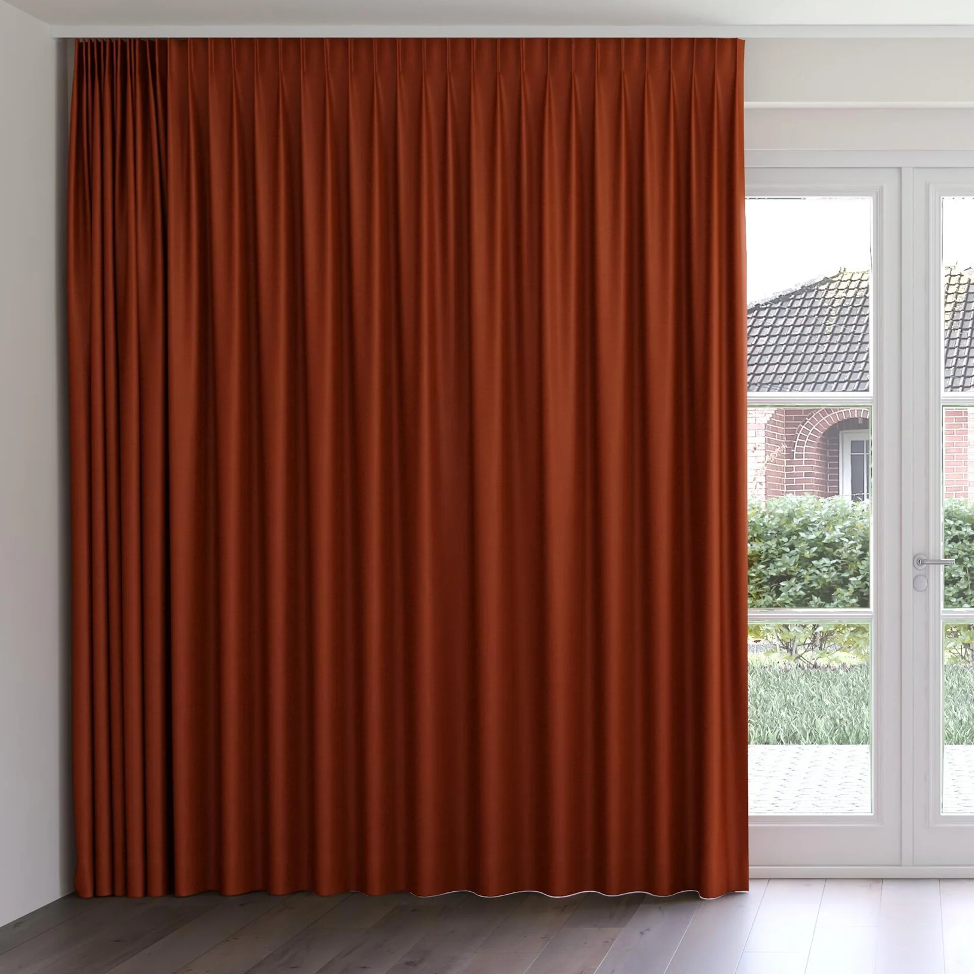 Front view of Re-Juvenate Rust, on curtain rail