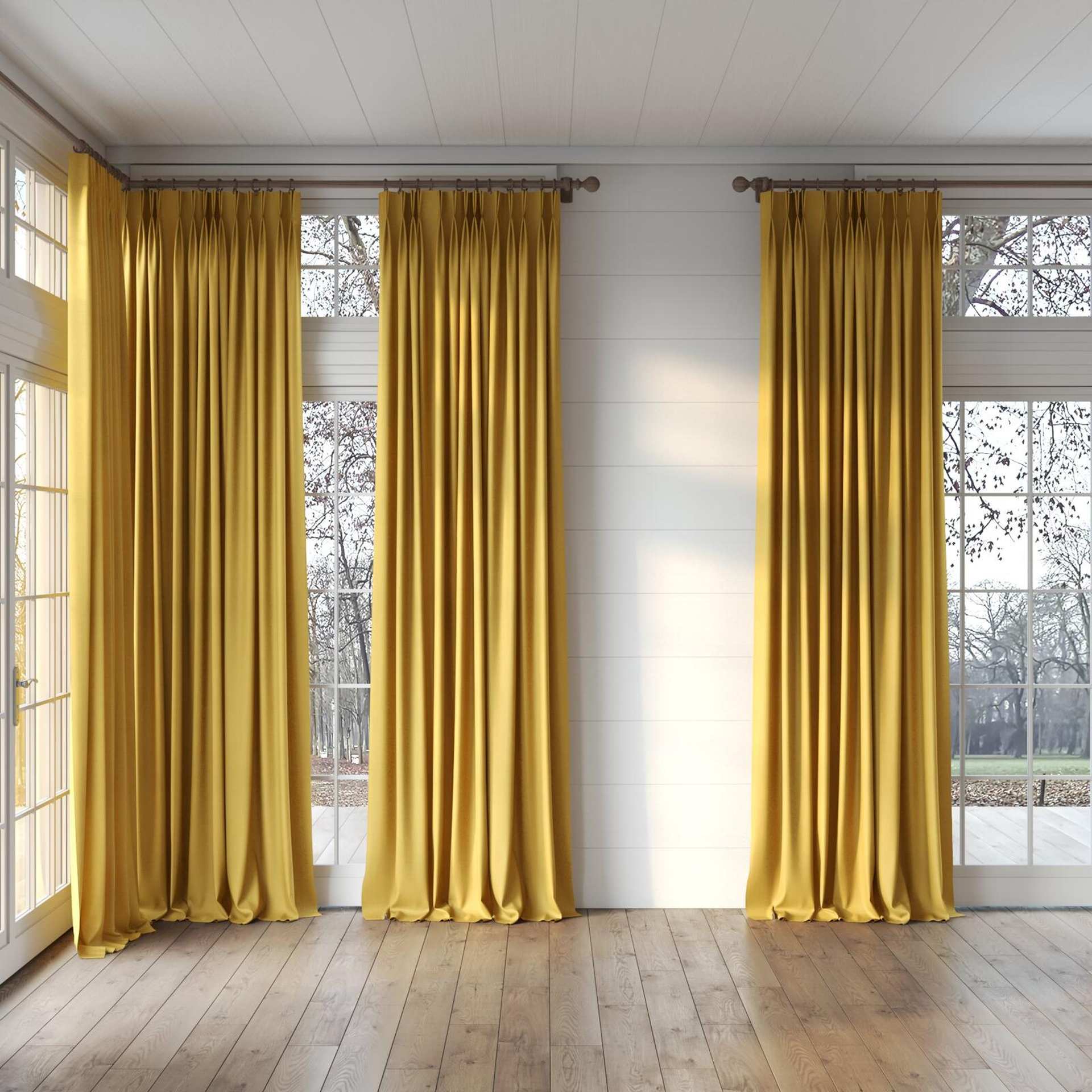 Full view of Loci Dim Out Gold, puddled, on curtain rod