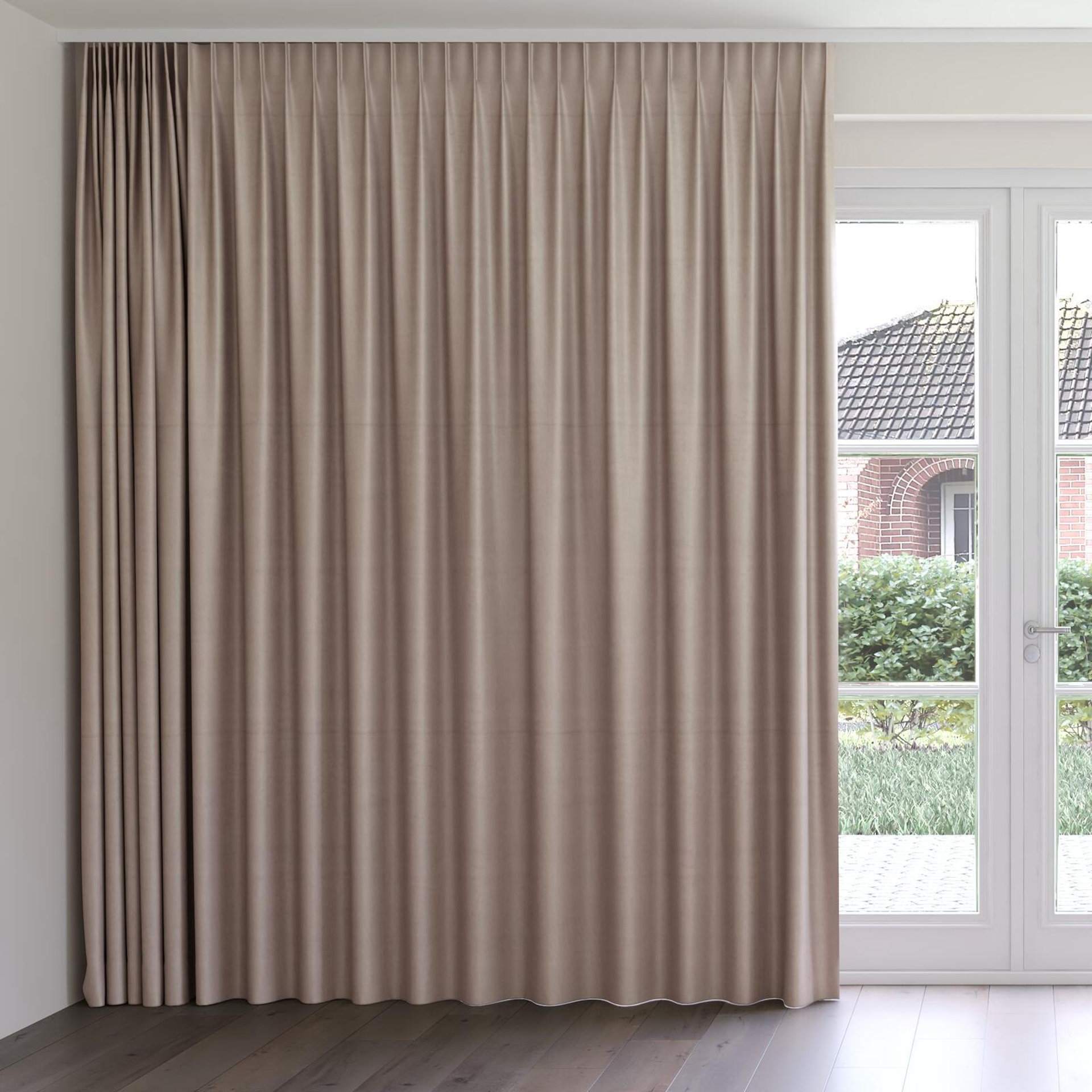 Front view of Warlock Taupe, on curtain rail