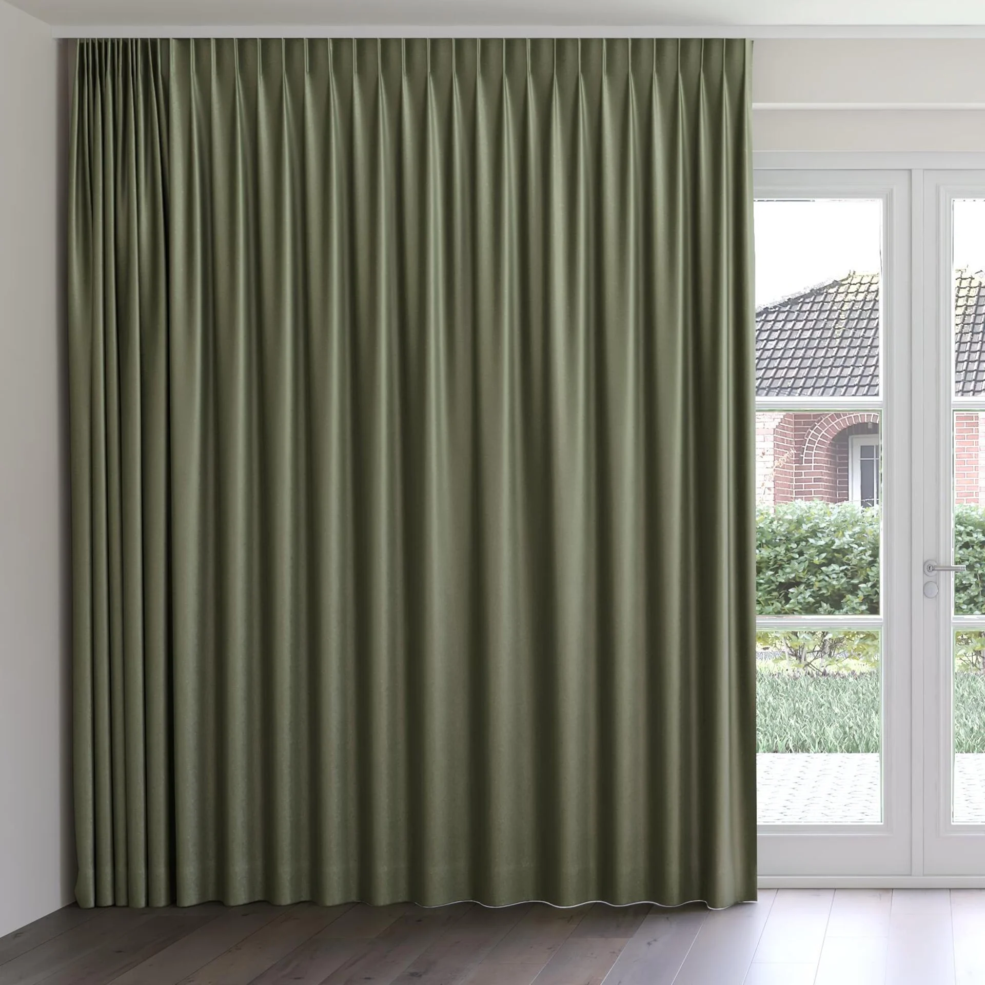 Front view of Recharge Sage, on curtain rail