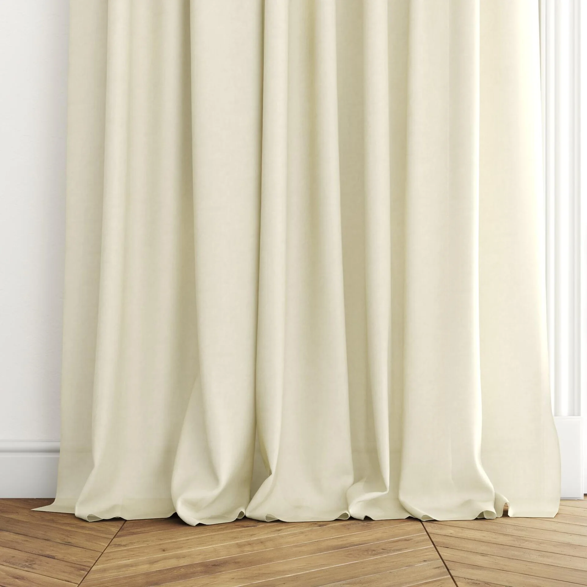 Bottom view of Flo II Straw, puddled with pinch pleat, on curtain rod