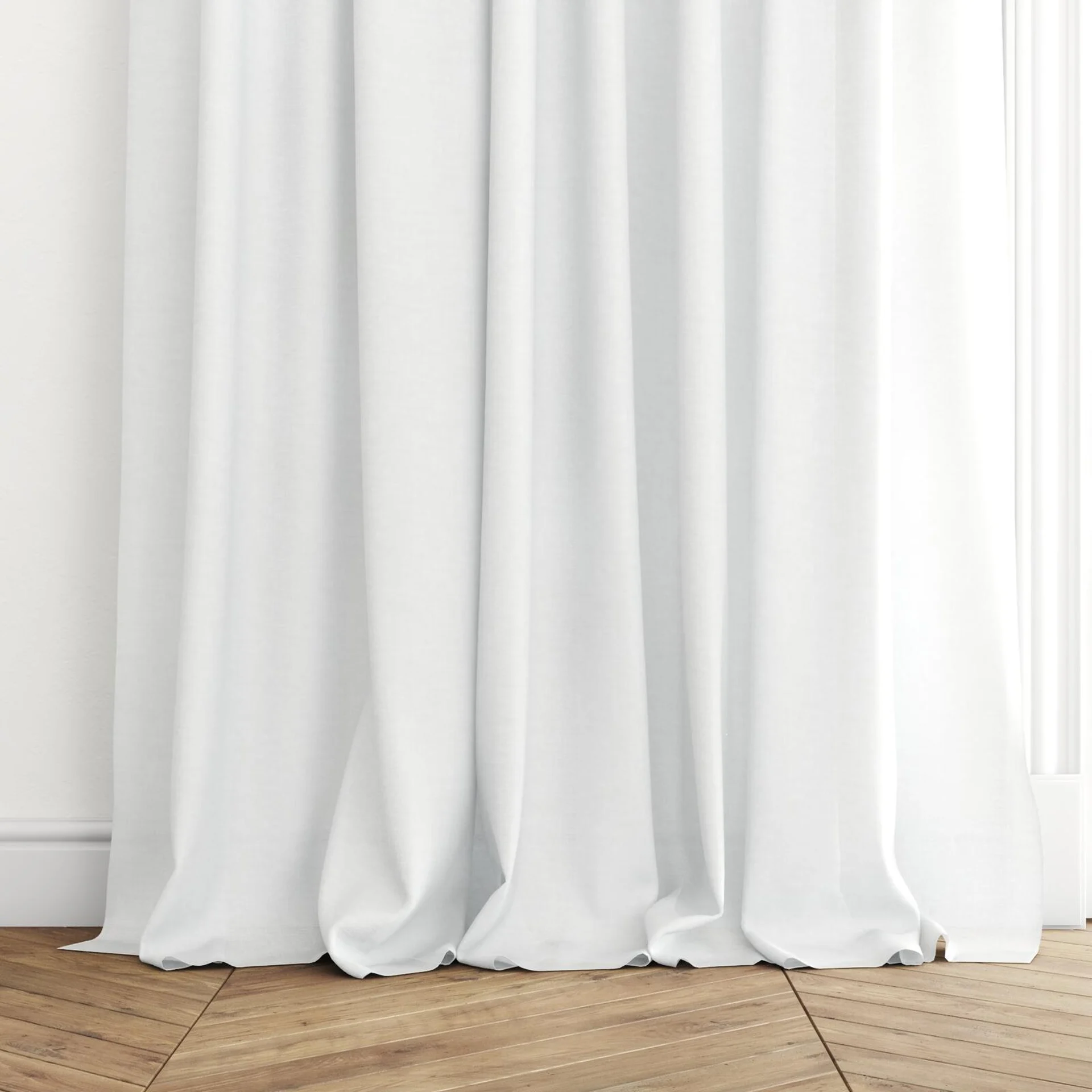 Bottom view of Arcadia Swan, puddled with pinch pleat, on curtain rod